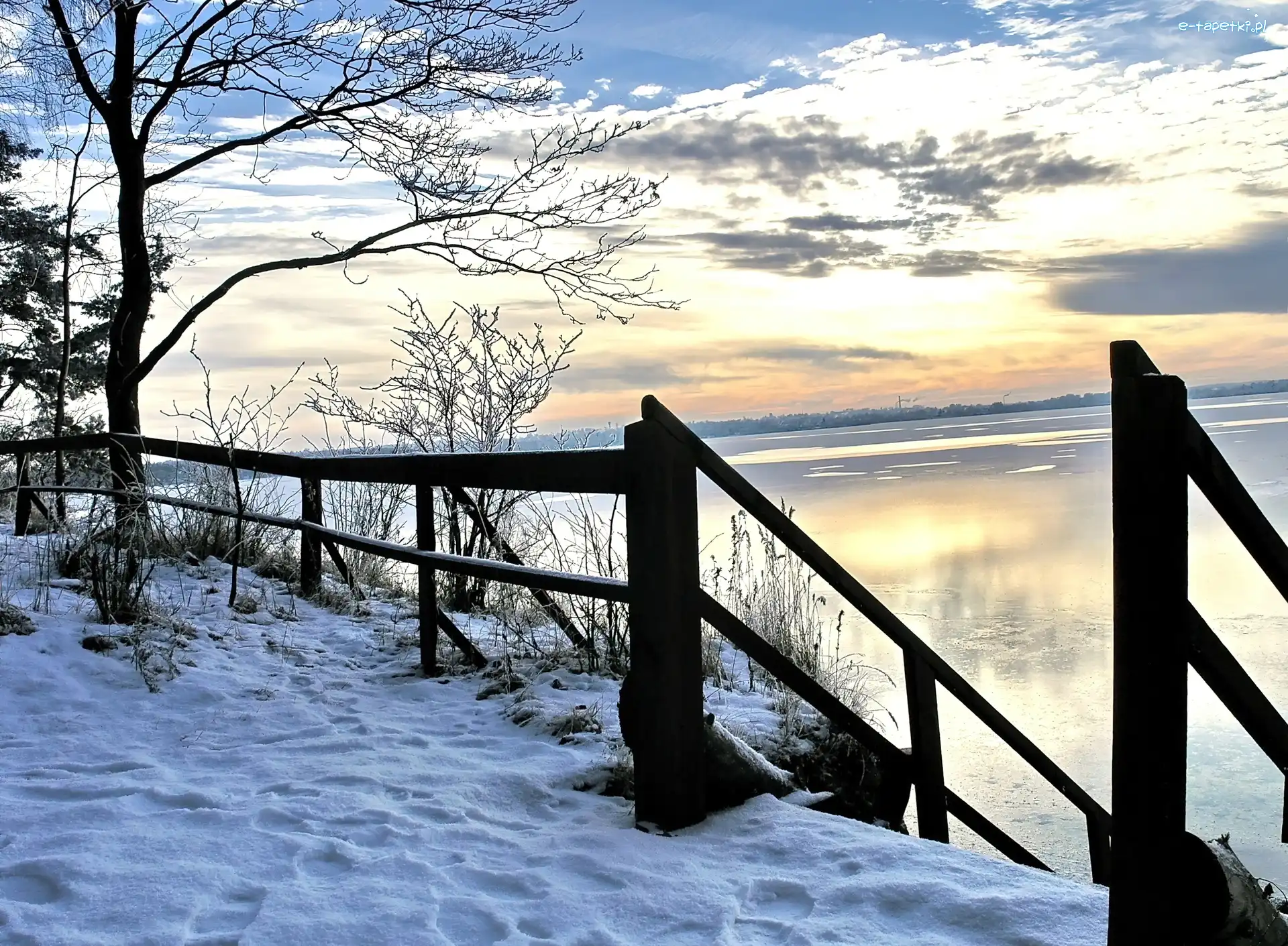 Ogrodzenie, Śnieg, Drzewo, Jezioro