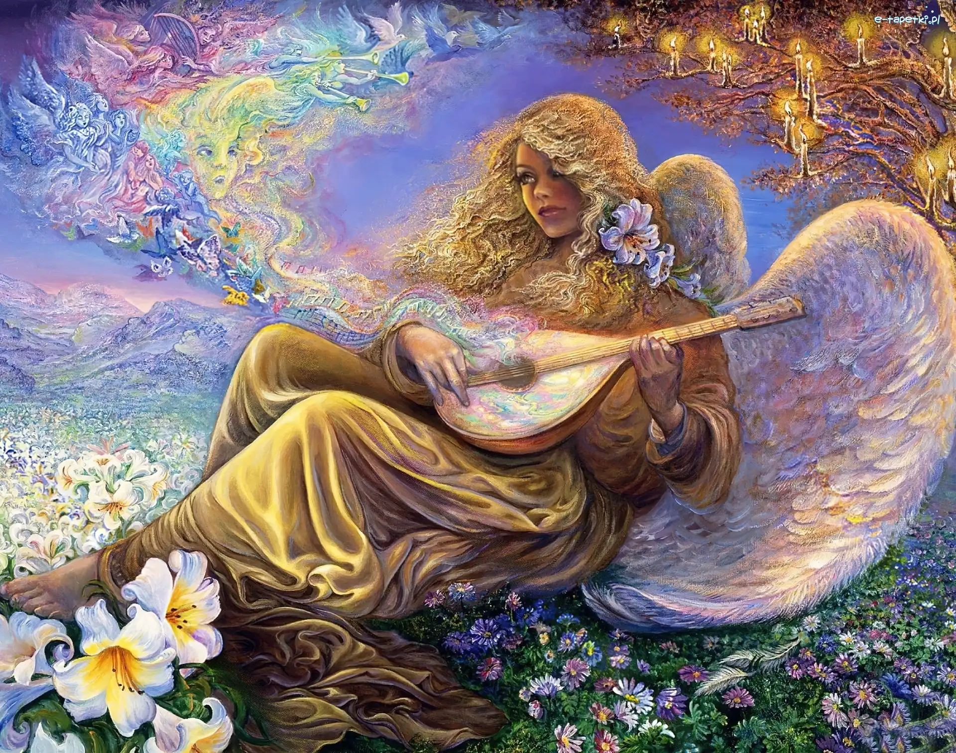 Kobieta, Instrument, Anioł, Josephine Wall, Kwiaty