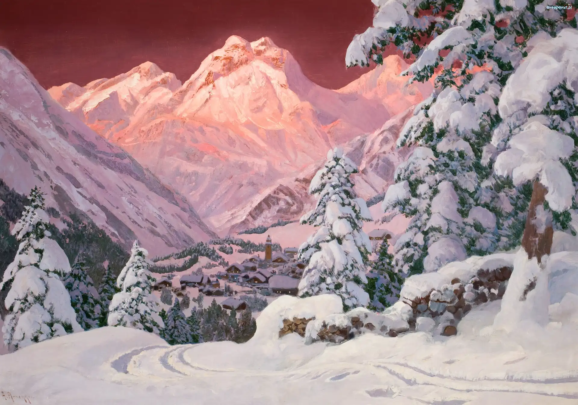 Góry, Śnieg, Drzewa, Alois Arnegger, Zima
