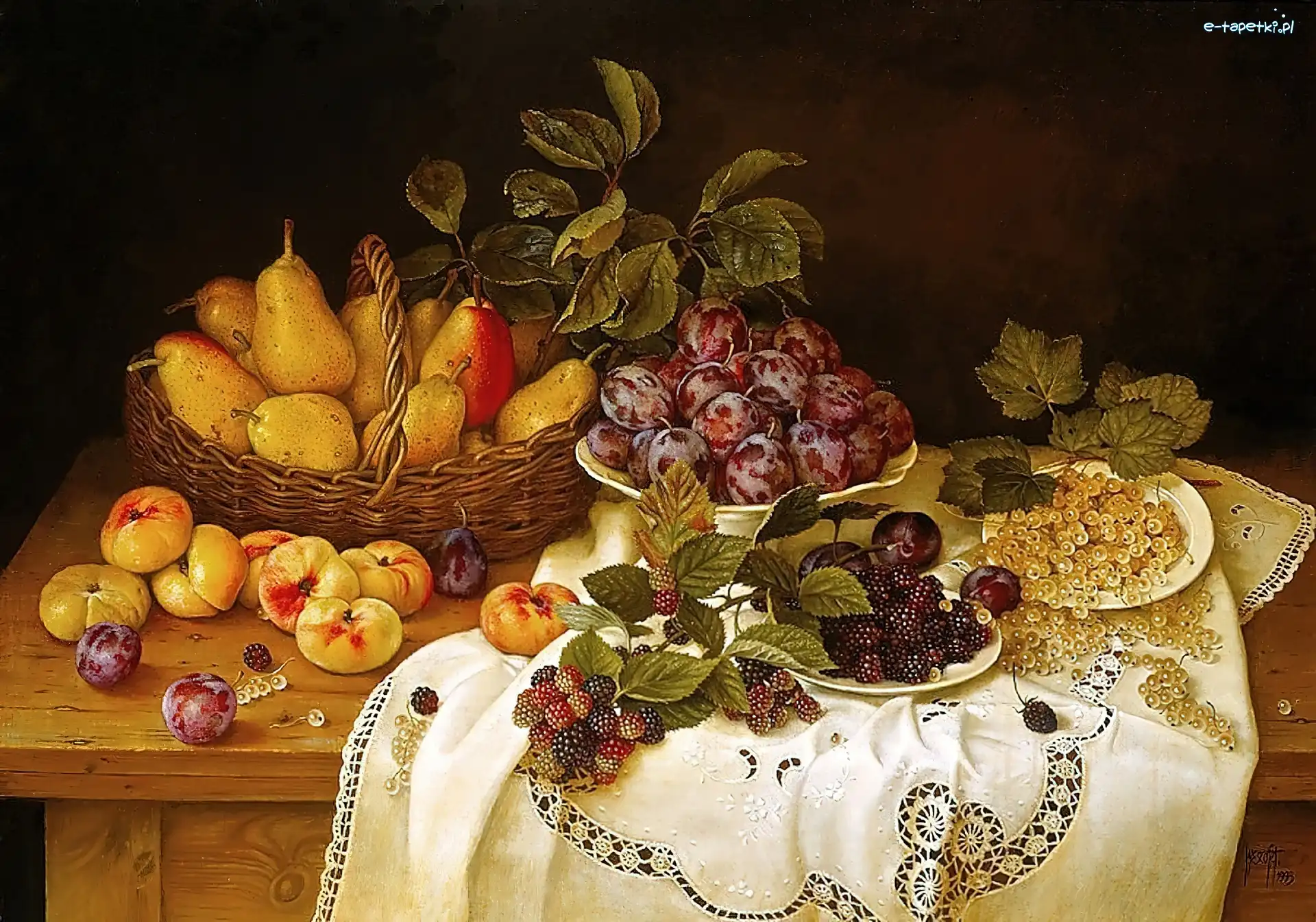 Gruszki, Serweta, Stół, Owoce