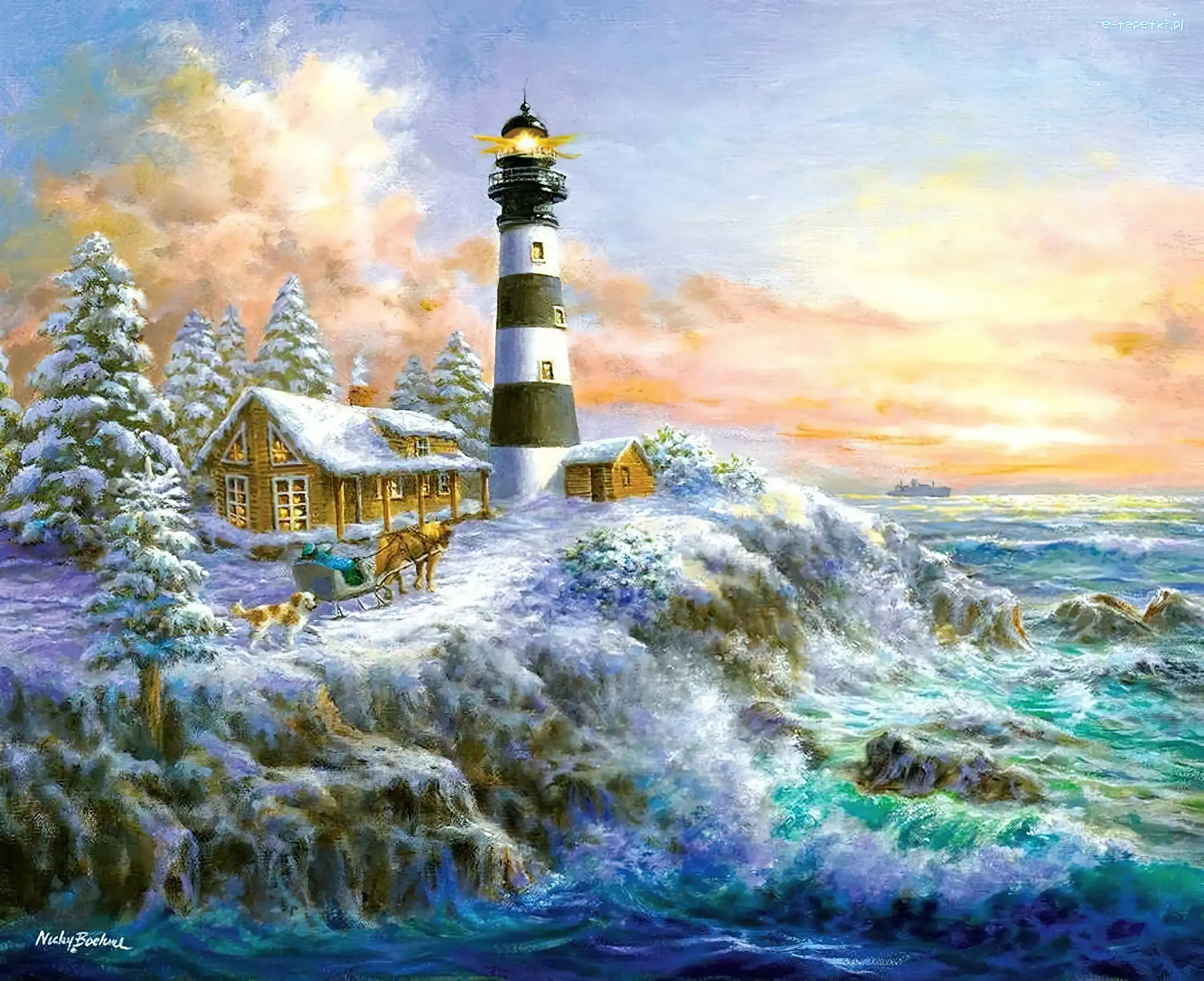 Nicky Boehme, Latarnia, Morska, Dom, Wybrzeże, Malarstwo, Zima