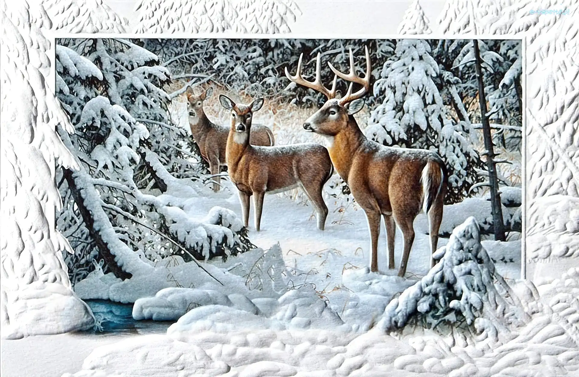 Las, Sarny, Jeleń, Malarstwo, Zima