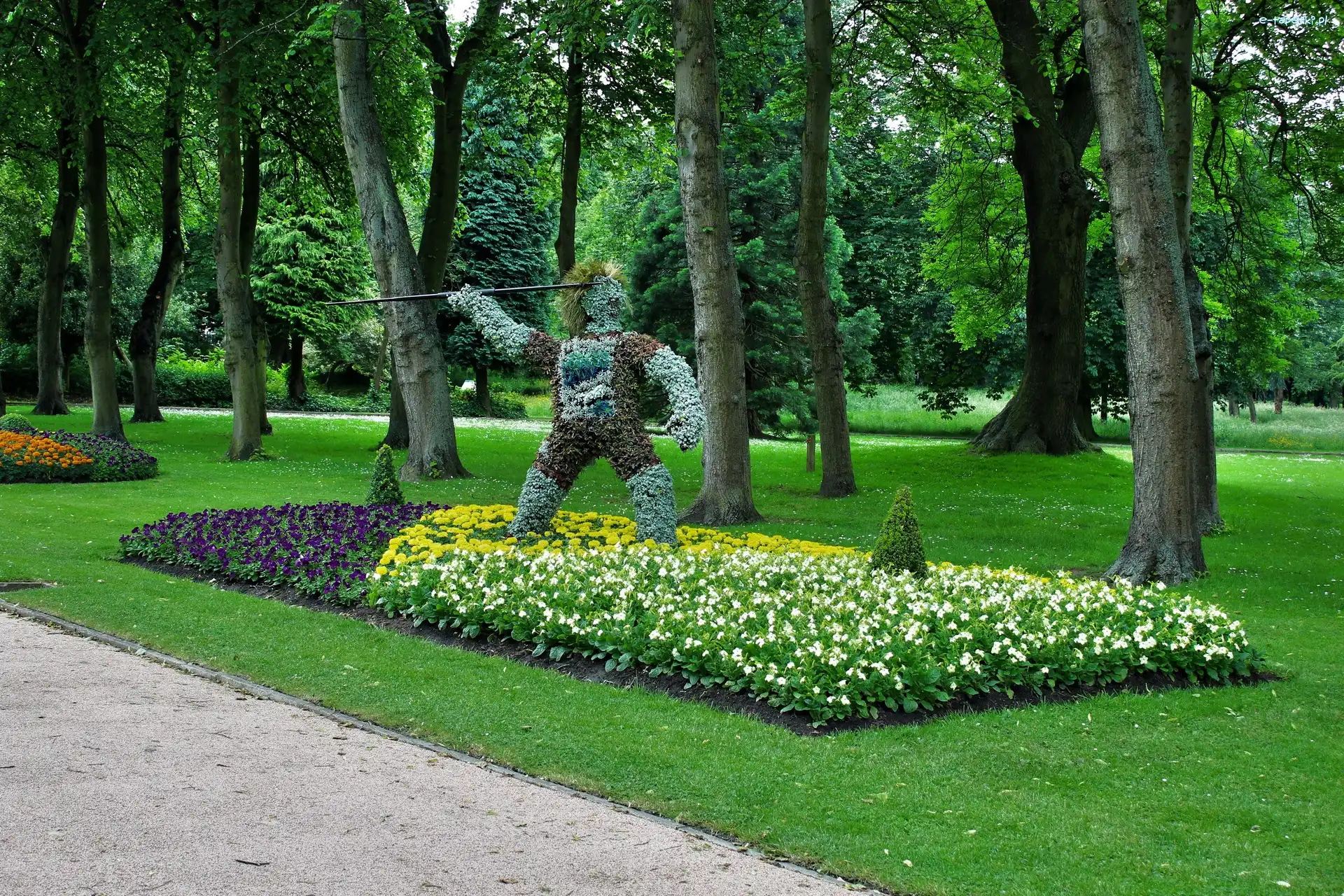 Drzewa, Kwiaty, Trawa, Park