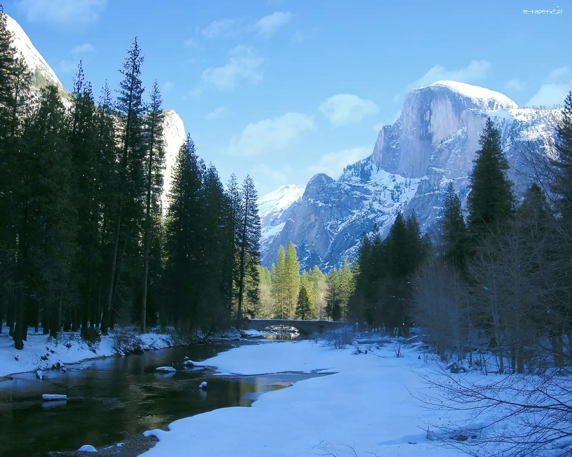 Rzeka, Stan Kalifornia, Zima, Góry, Park Narodowy Yosemite, Zalesione, Brzegi, Stany Zjednoczone
