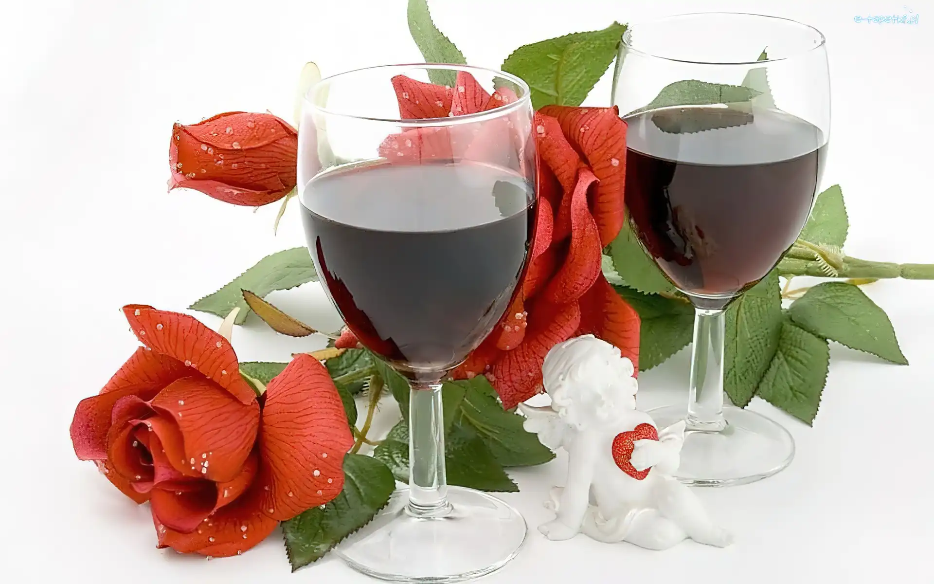 Czerwone, Kieliszki, Róże, Figurka, Wino