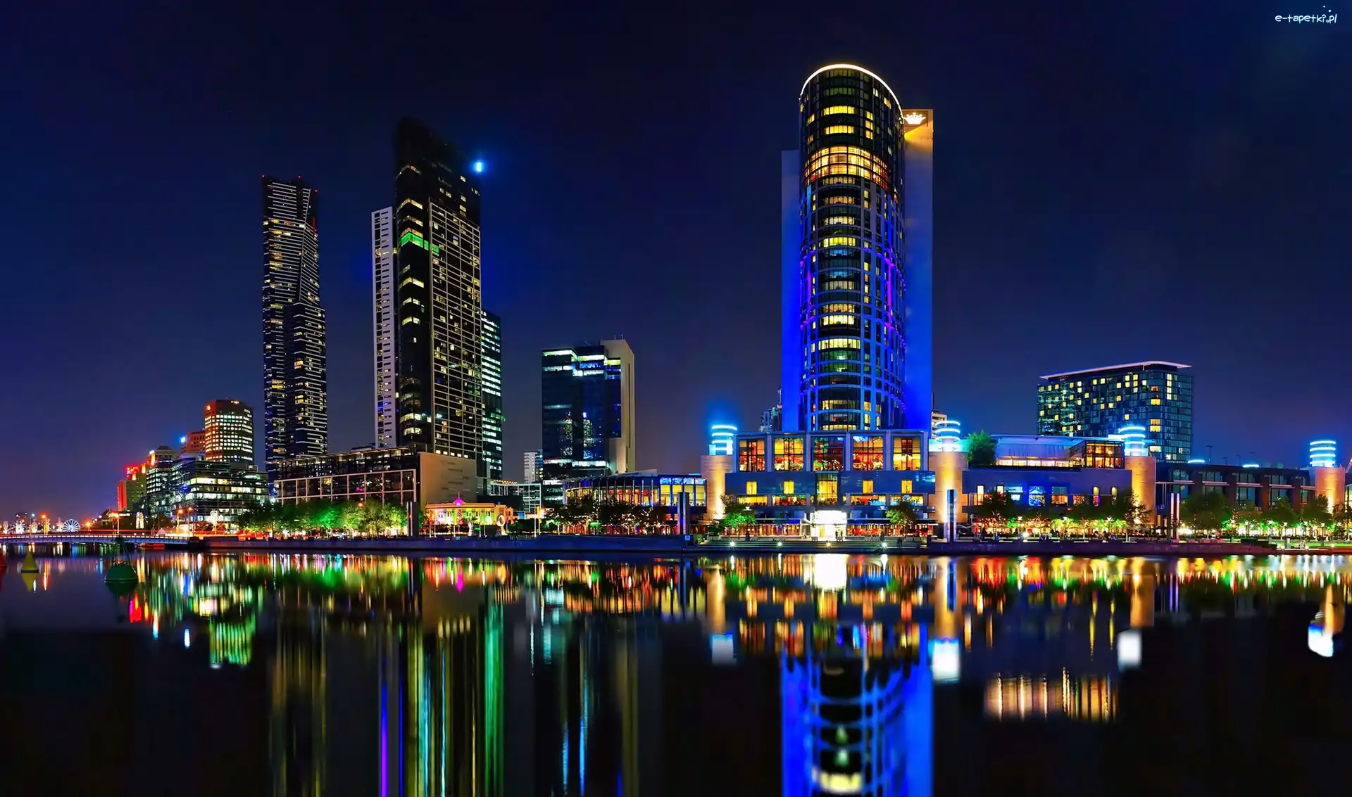 Australia, Nocą, Drapacze, Miasto, Brisbane, Rzeka, Chmur