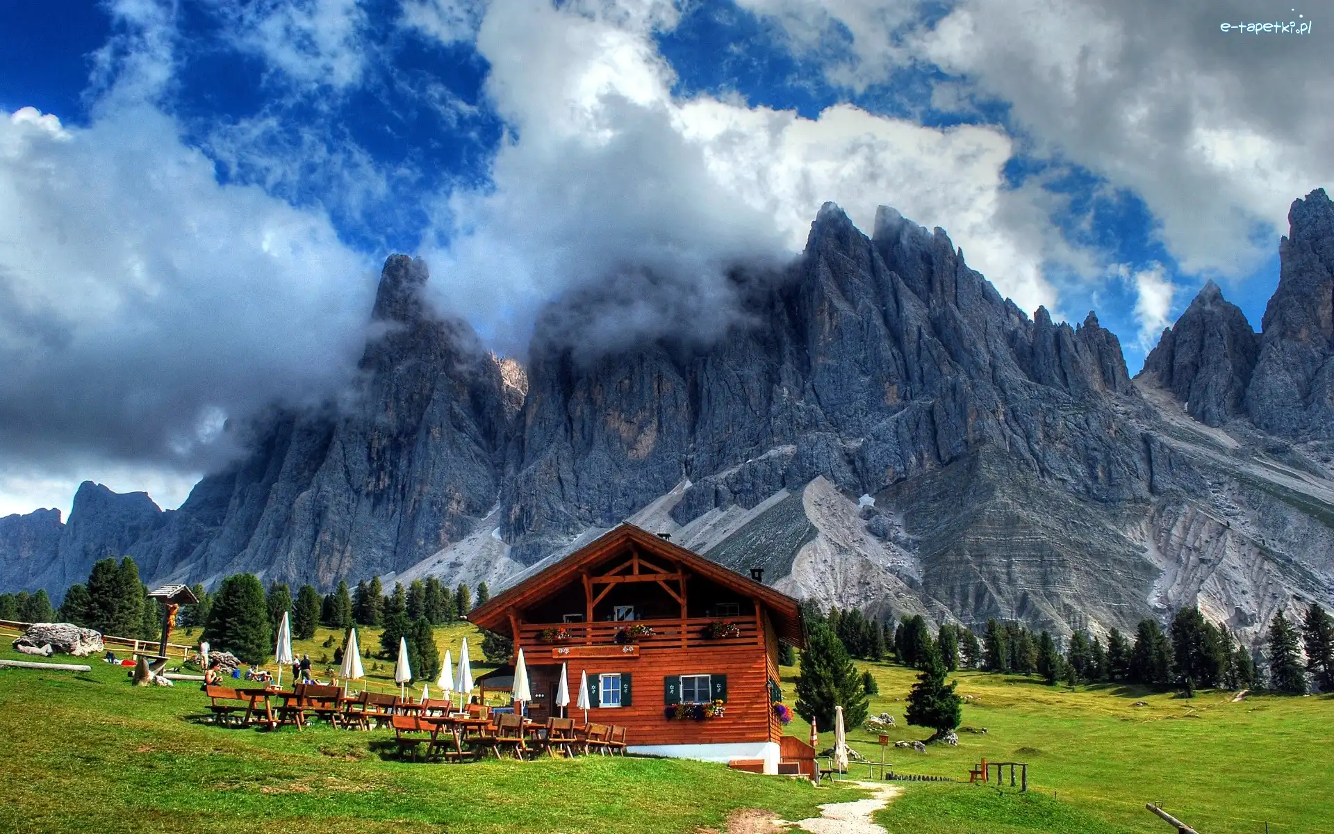 Góry, Restauracja, Chmury, Austria, Drzewa