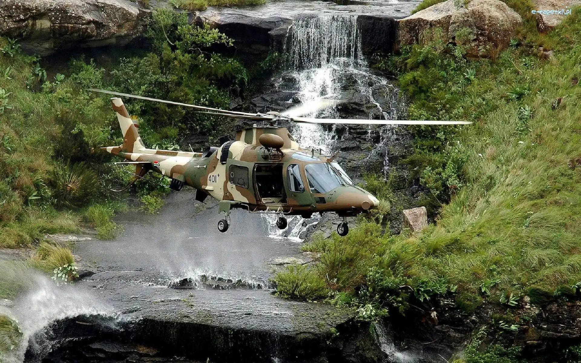 Helikopter, Skały, Wodospad