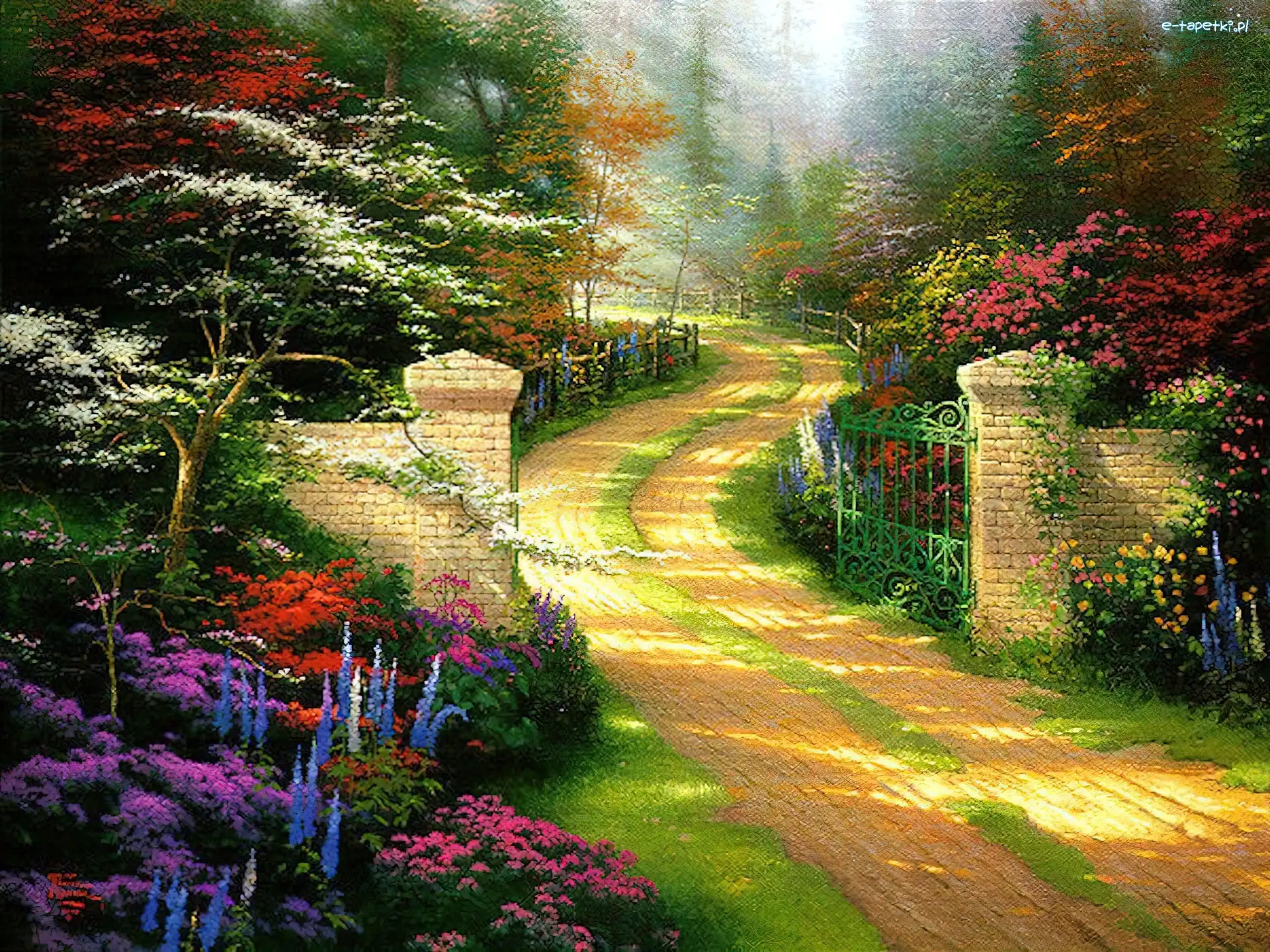 Brama, Thomas Kinkade, Kwiaty, Droga