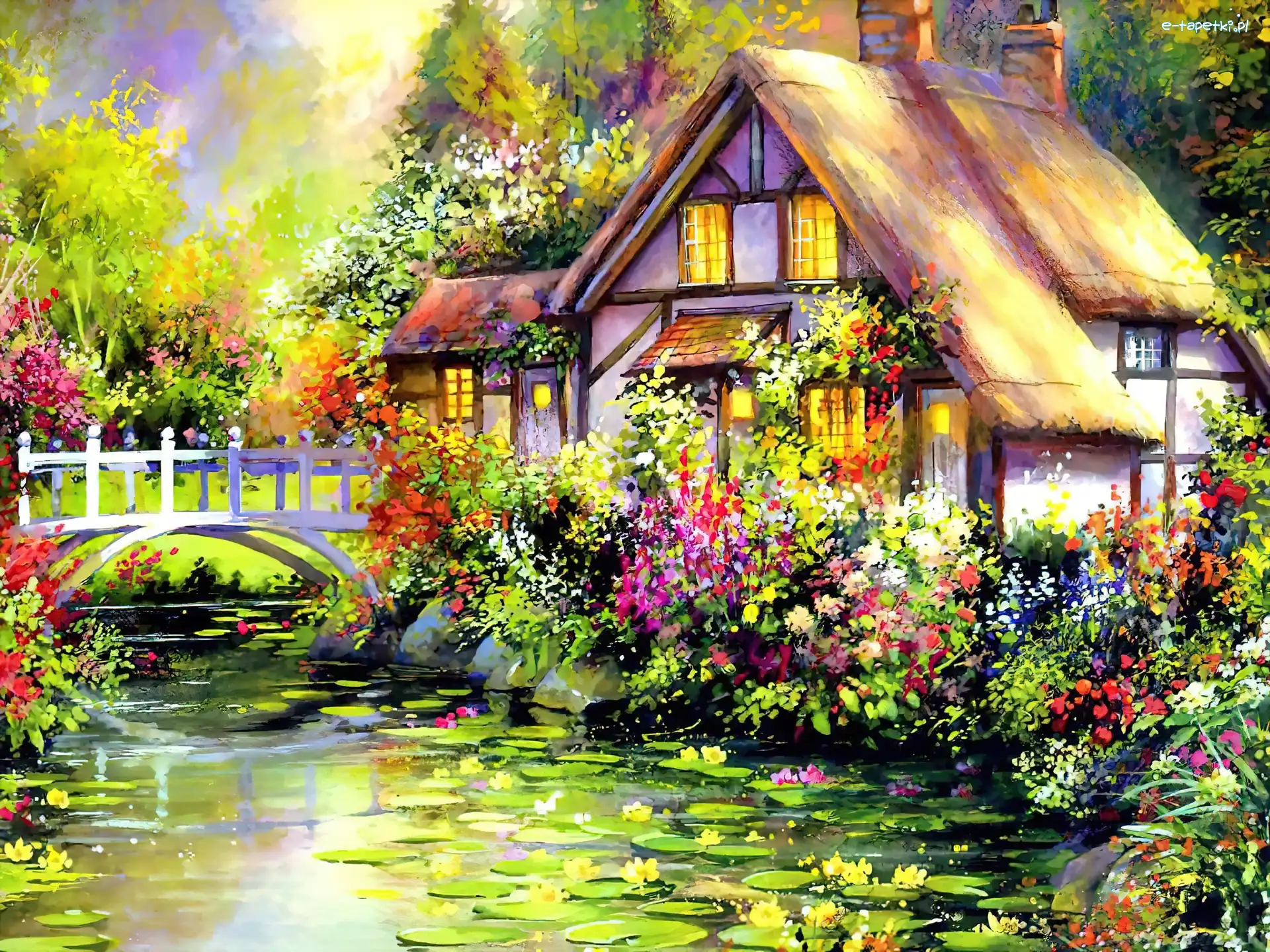 Obraz, Dom, Reprodukcja, Thomas Kinkade, Kwiaty