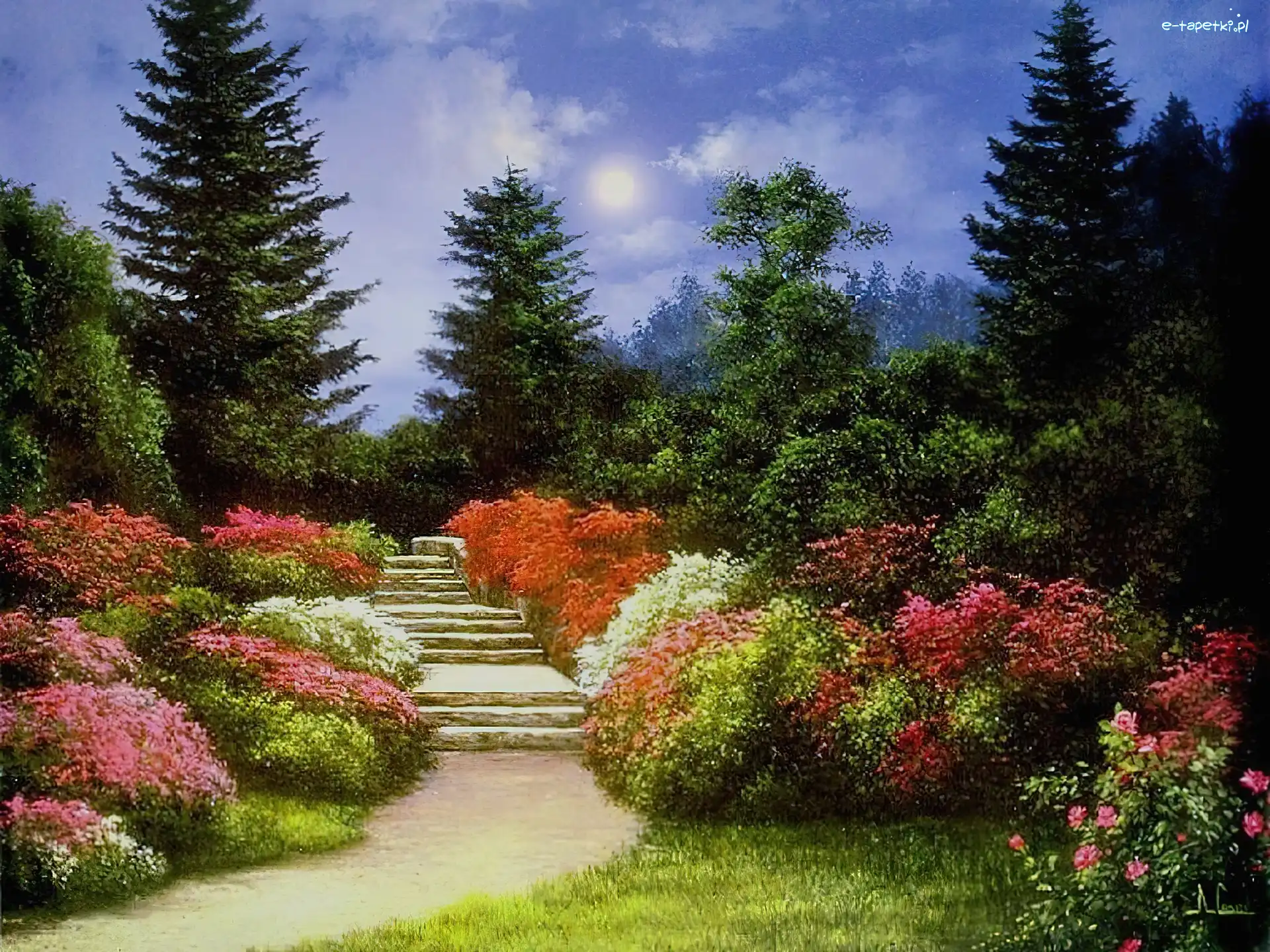 Obraz, Park, Thomas Kinkade, Lato, Kwiaty