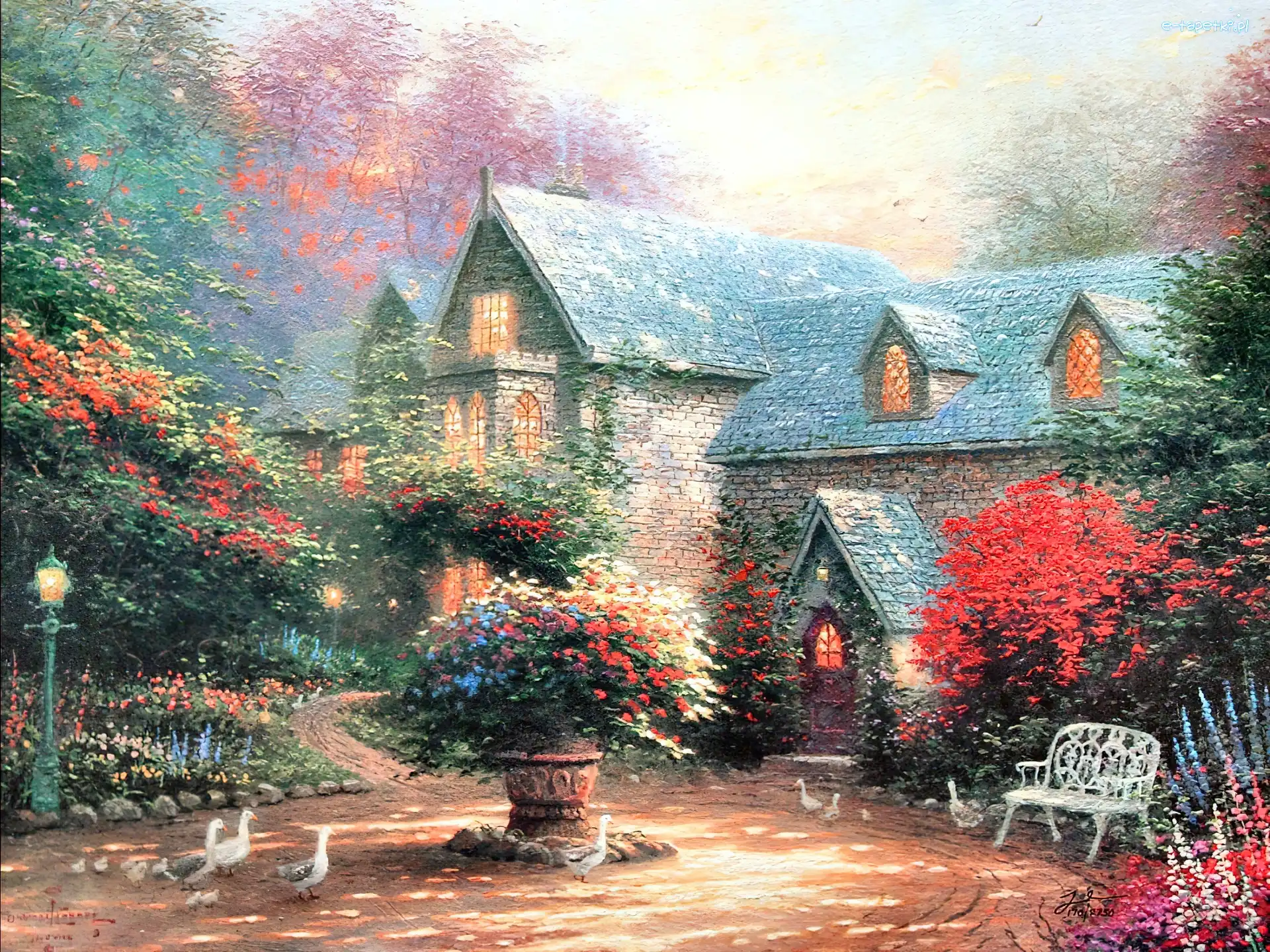 Ogród, Thomas Kinkade, Kwiaty, Dom