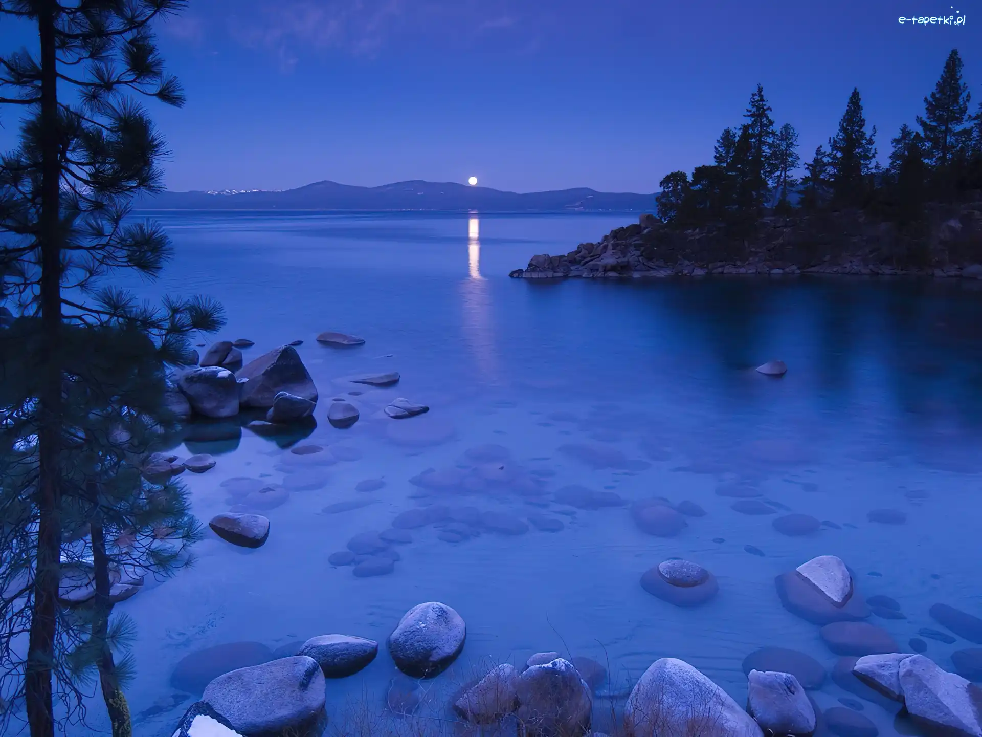 Tahoe, Drzewa, Noc, Kalifornia, Kamienie, Jezioro