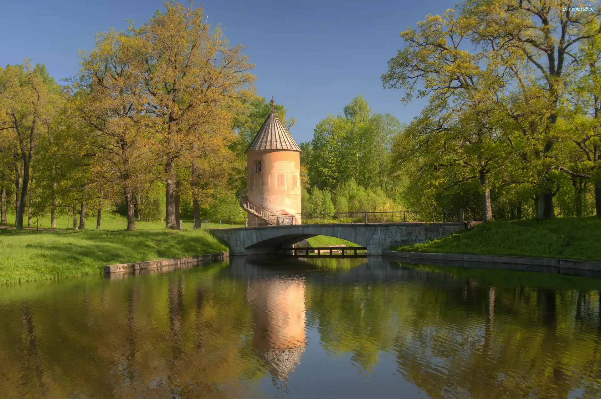 Rzeka, Drzewa, Mostek, Park