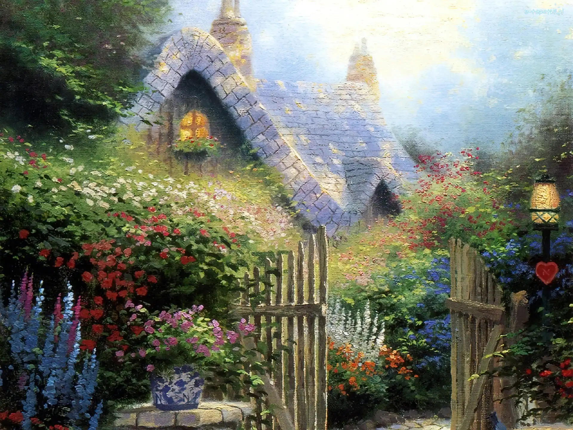 Dom, Furtka, Ogród, Thomas Kinkade, Kwiaty