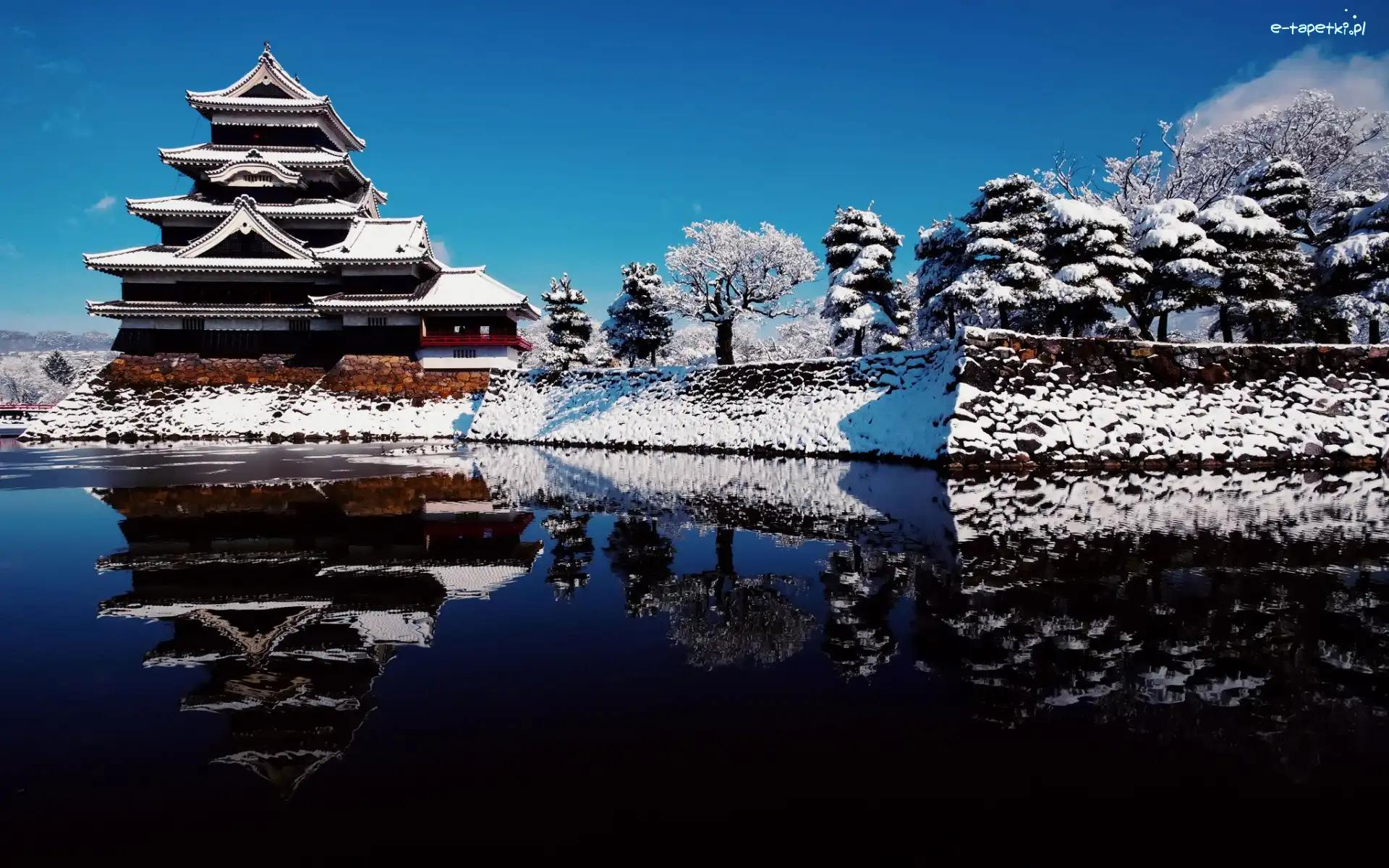 Budynek, Zima, Japonia, Rzeka
