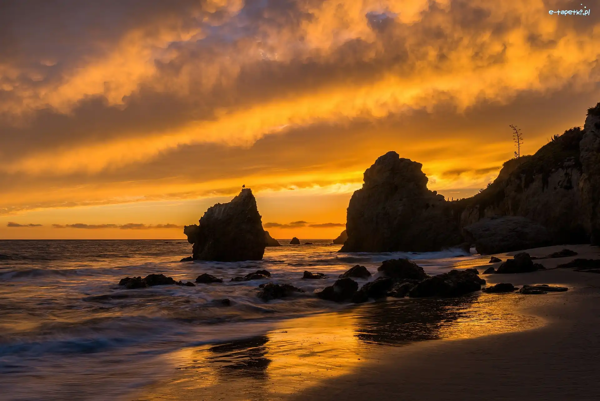 El Matador, Plaża, Zachód Słońca, Kalifornia, Skały, Morze
