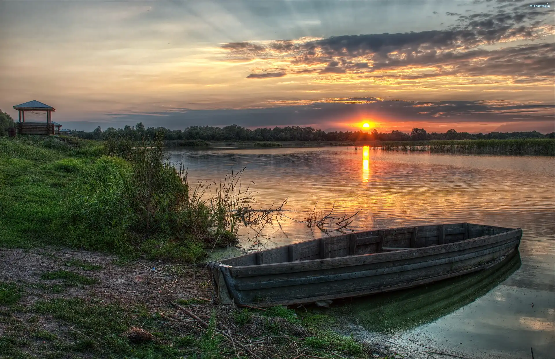 Łódka, Zachód Słońca, Brzeg, Jezioro