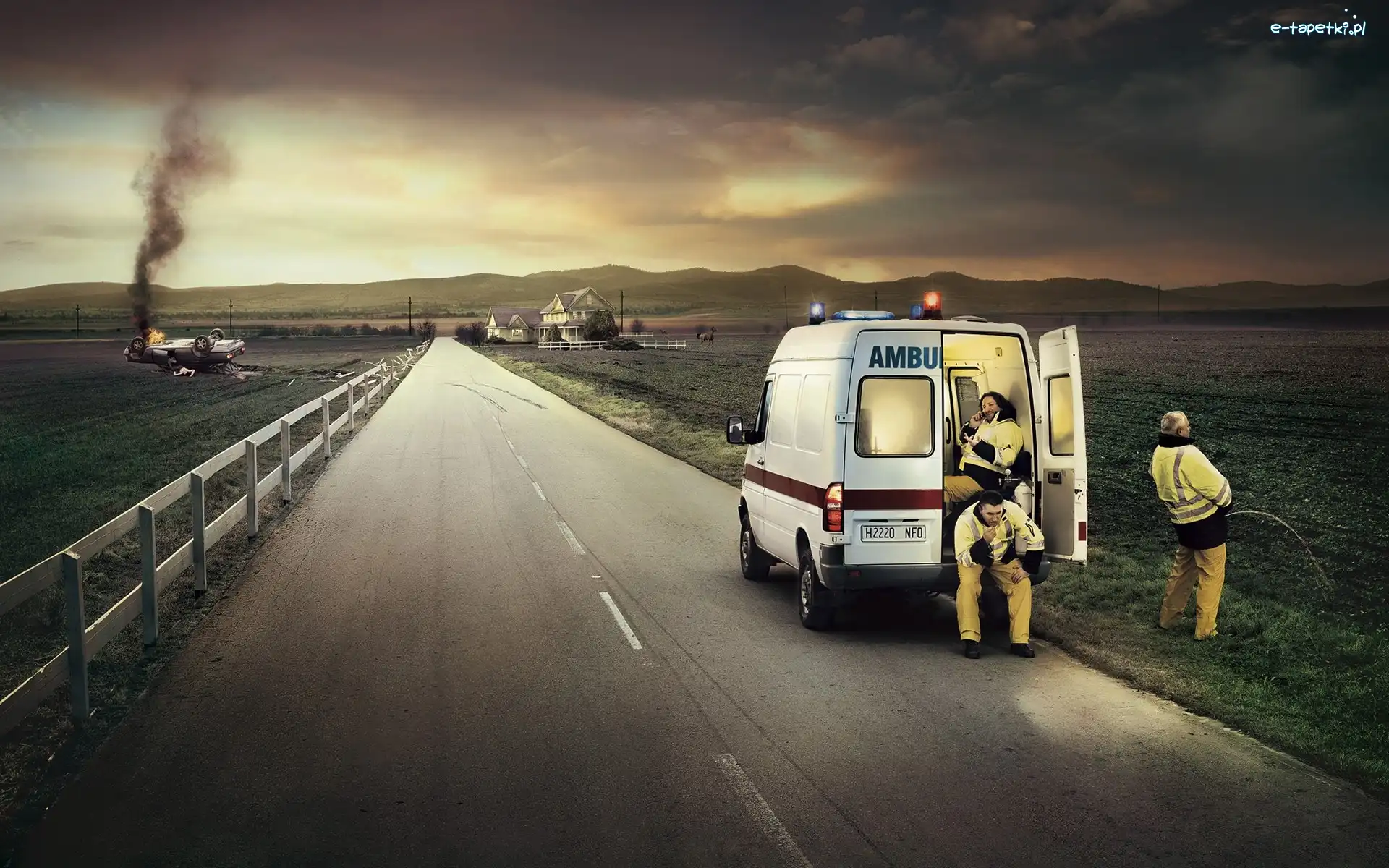Płonący, Droga, Samochód, Sanitariusze, Ambulans