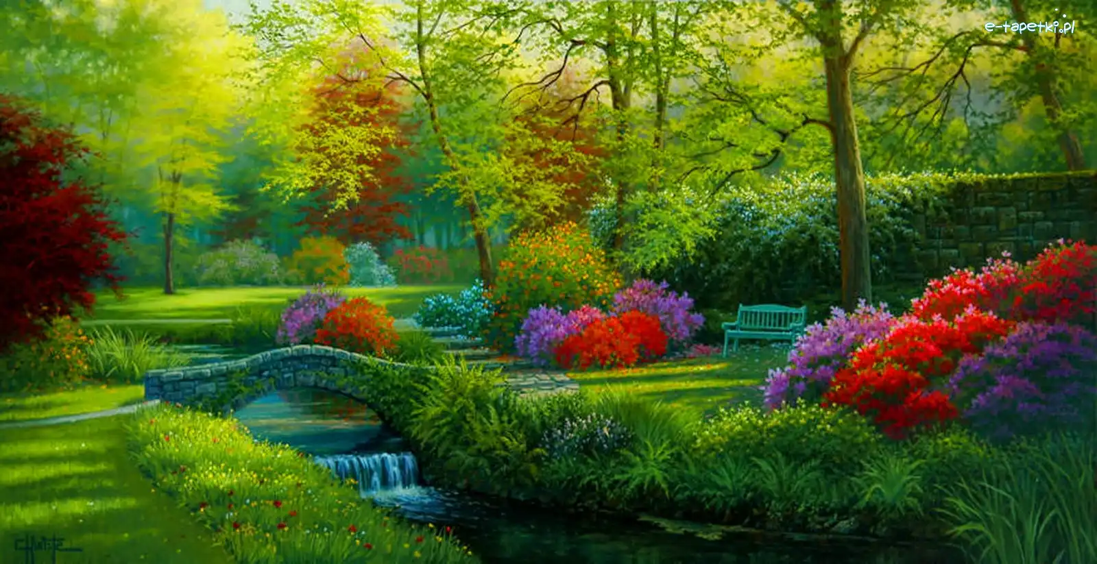 Park, Mostek, Rzeczka, Kwiaty, Ławka