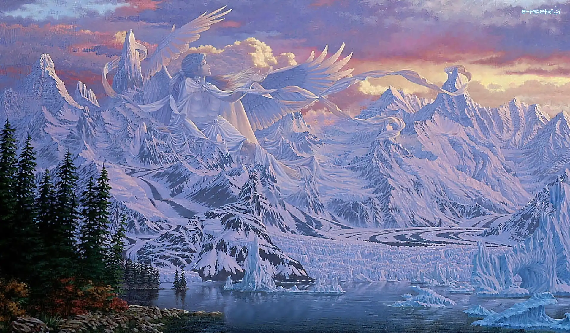 Zachód, Góry, Słońca, Anioł, Śnieżny