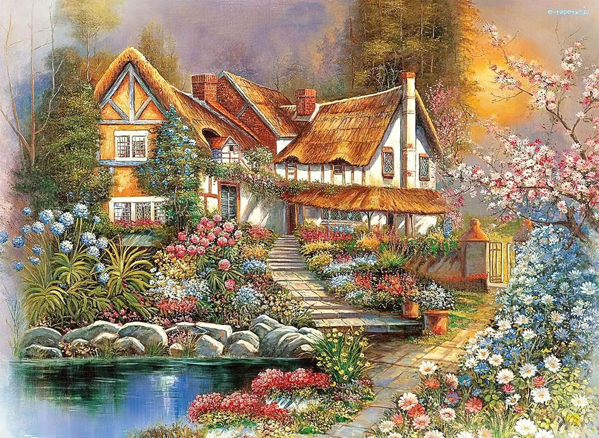 Dom, Ogród, Schody, Staw, Jezioro