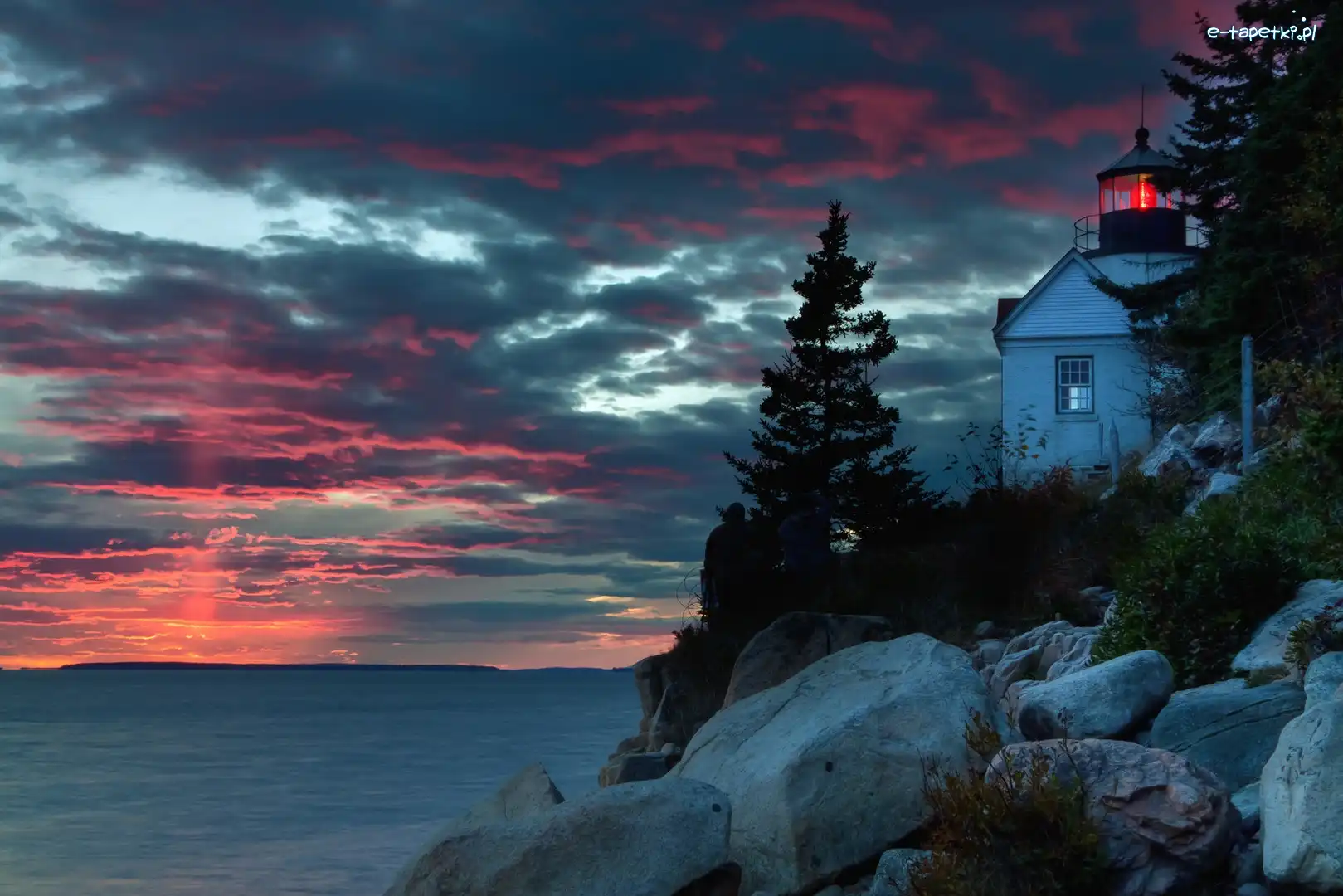 Bass Harbor, Morze, Zachód Słońca, Maine, Morska, Latarnia