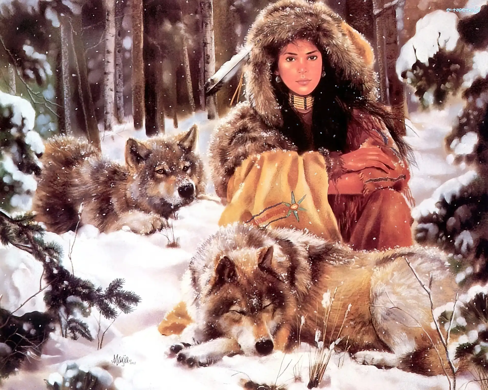 Dziewczyna, Indianka, Młoda, Zima, Wilki