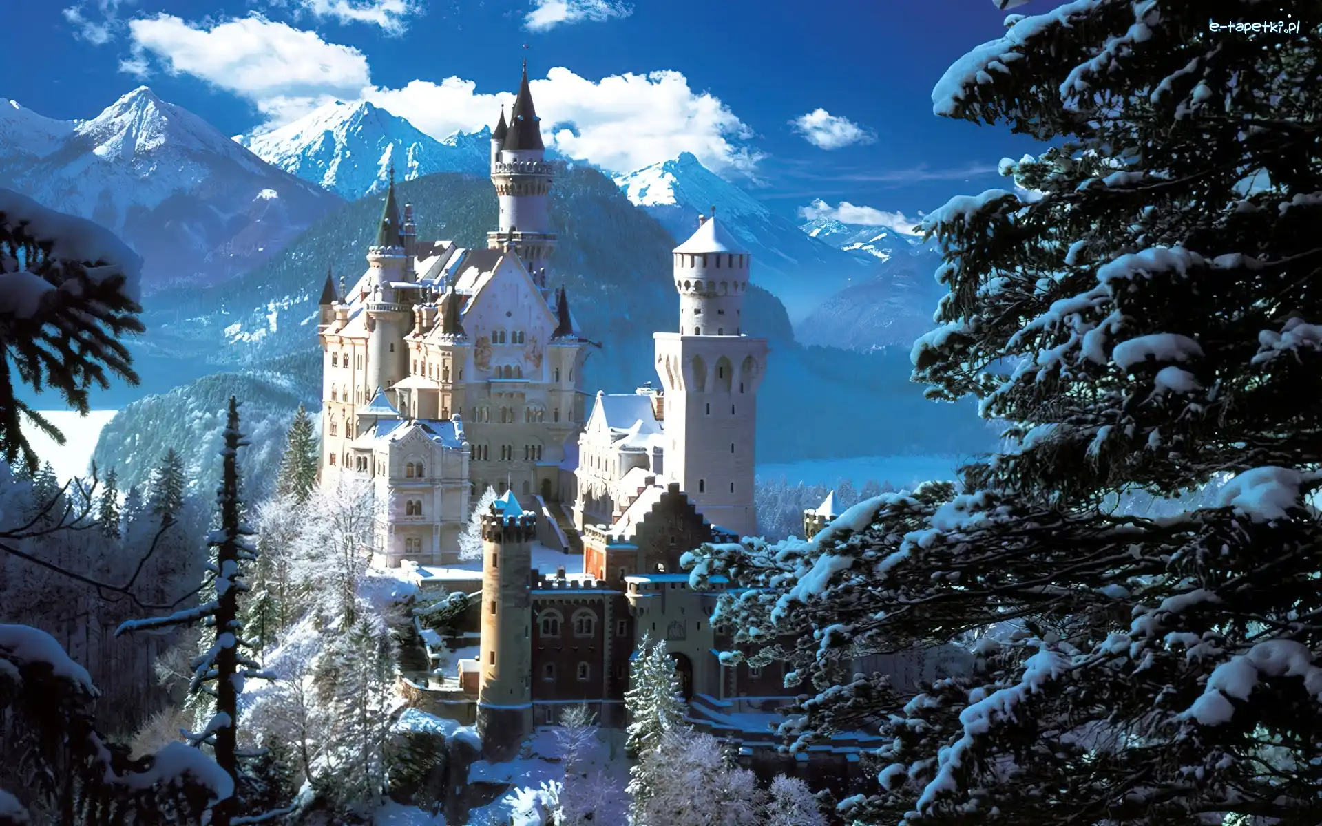 Zamek, Bawaria, Neuschwanstein, Zima, Niemcy