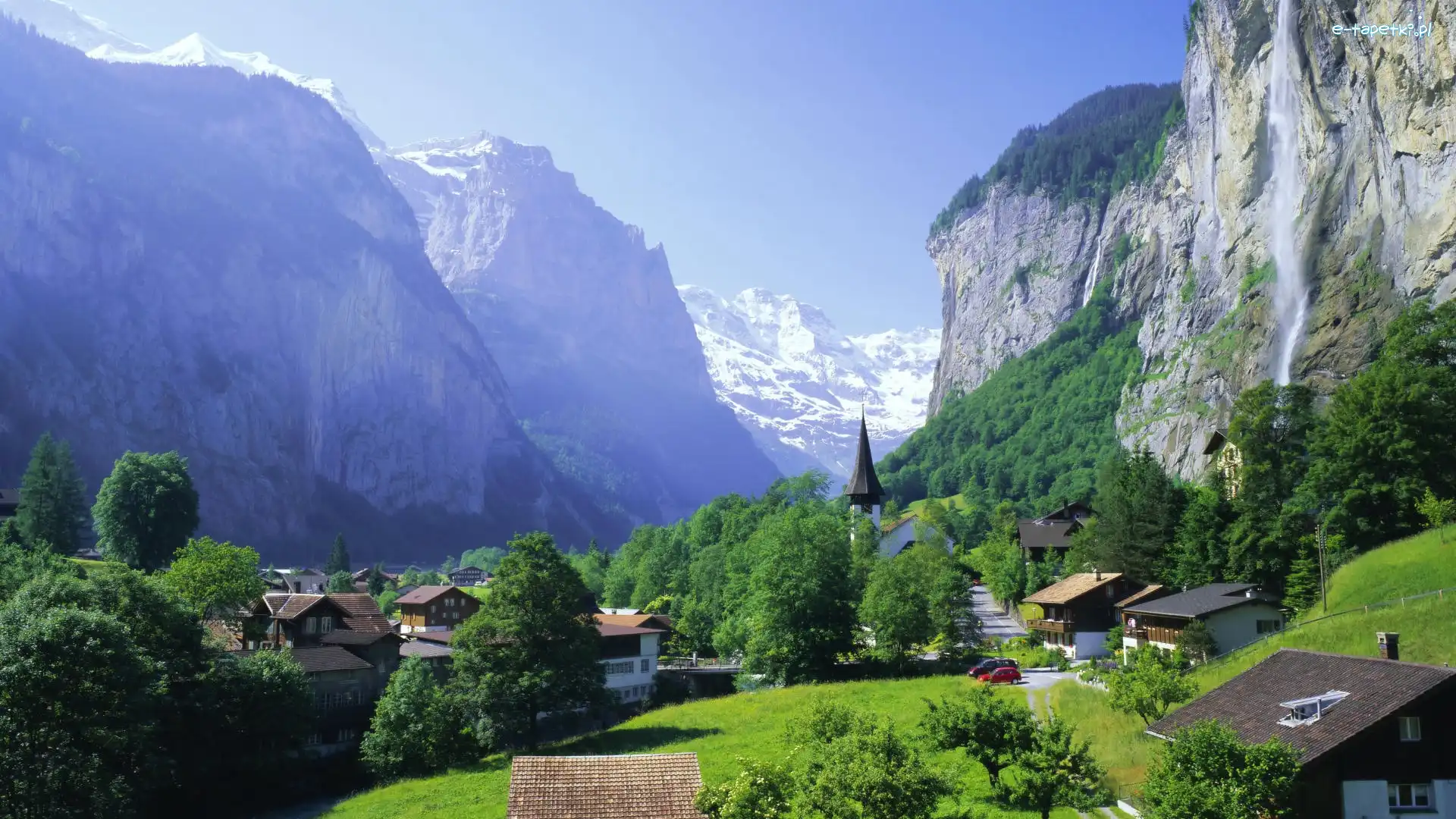 Lauterbrunnen, Domy, Drzewa, Szwajcaria, Wodospad, Góry