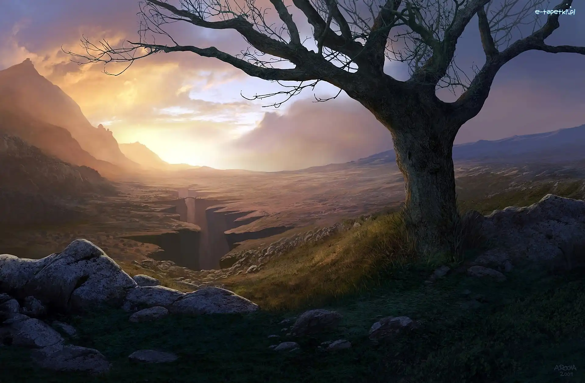 Kamienie, Góry, Drzewo, Andreas Rocha, Chmury
