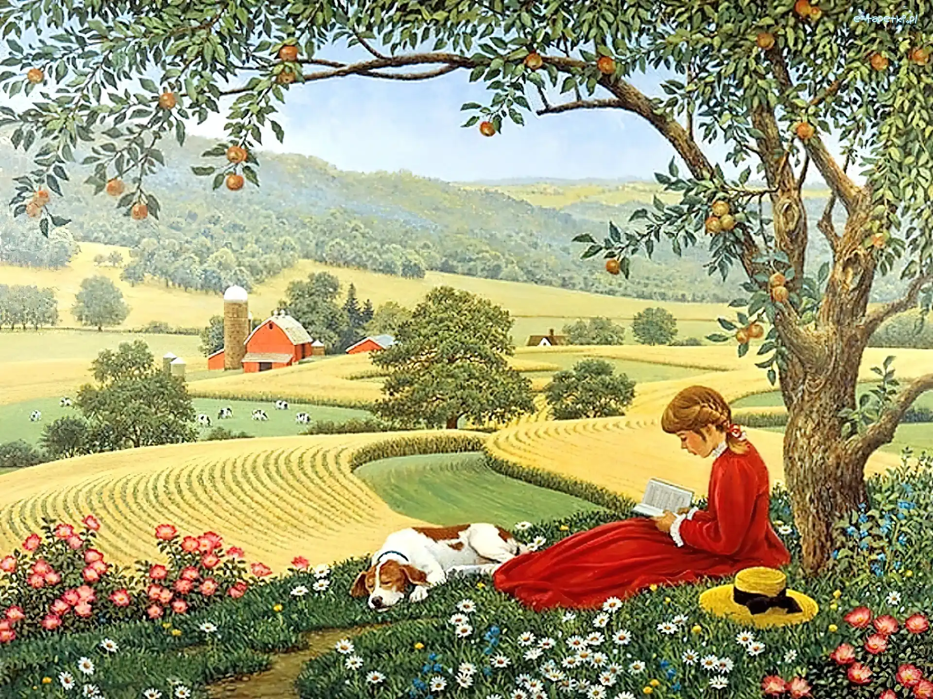 Dziewczyna, Łąka, Pies, Owocowe, Drzewo