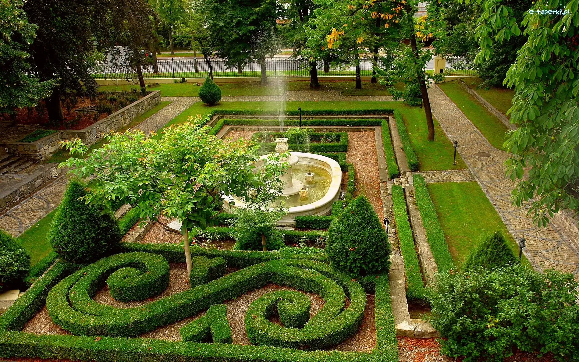 Ogród, Ozdobny, Botaniczny, Fontanna, Żywopłot