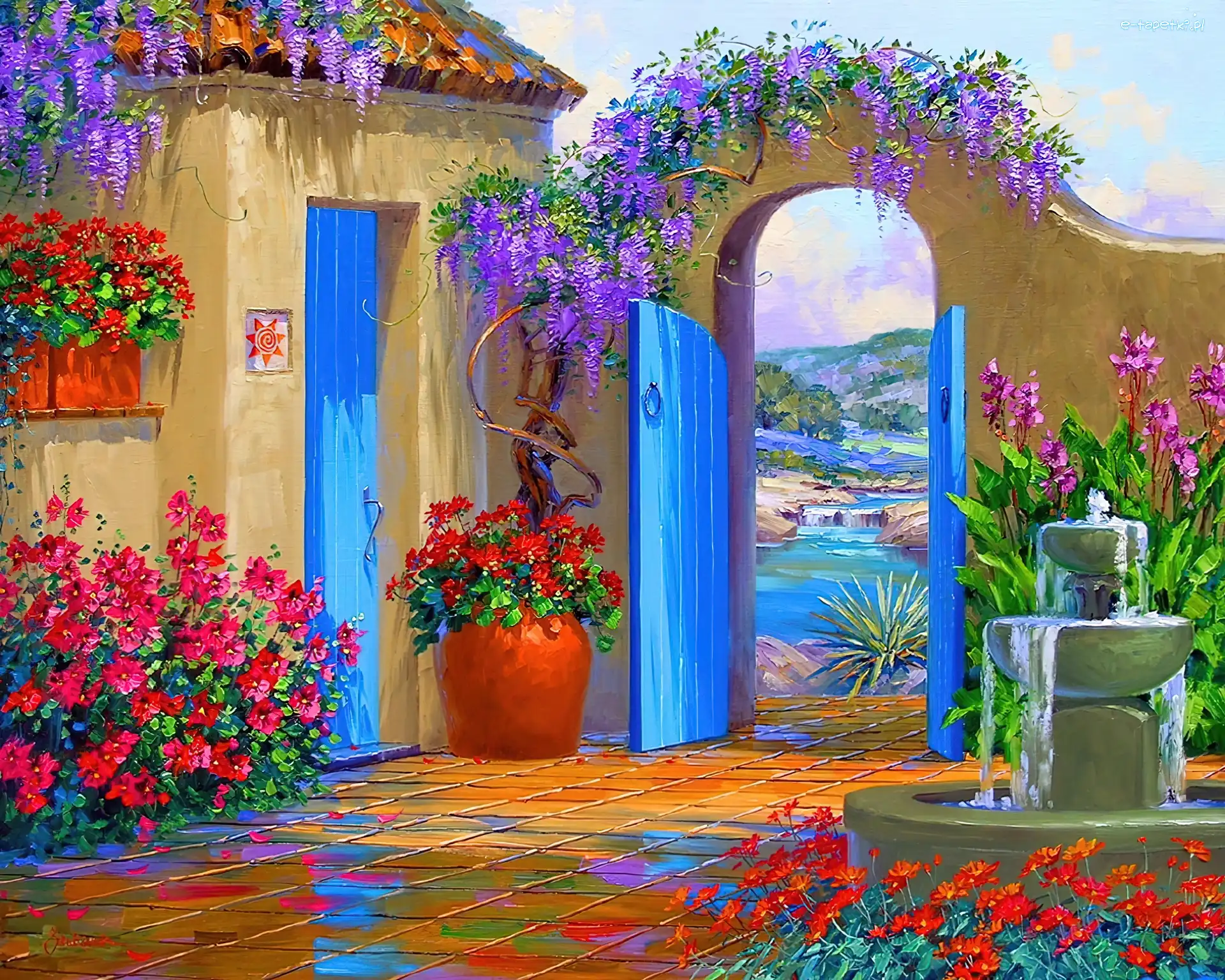 Dom, Fontanna, Patio, Drzwi, Niebieskie