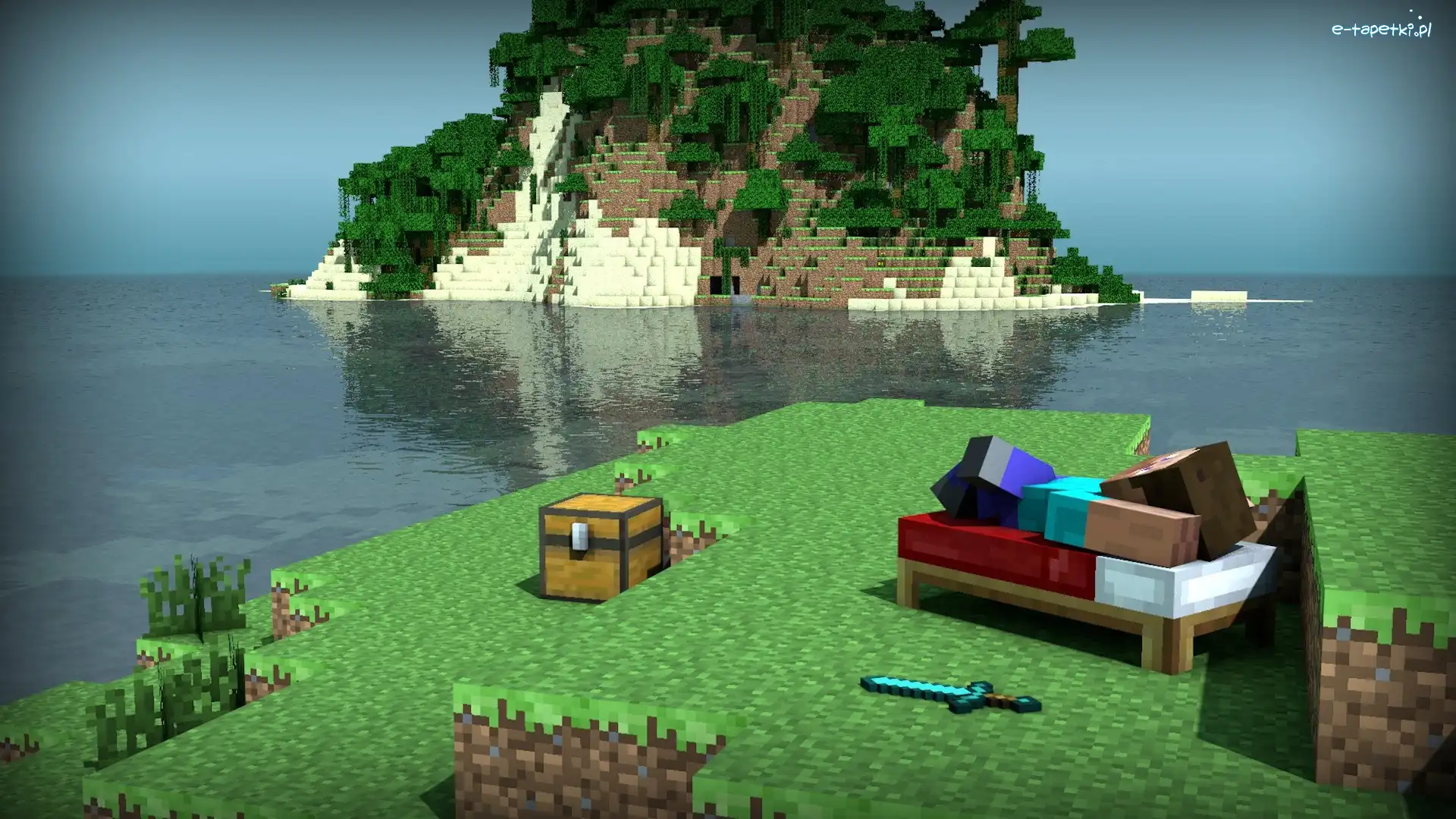 Minecraft, Wyspa, Człowiek, Drzewa, Skrzynia