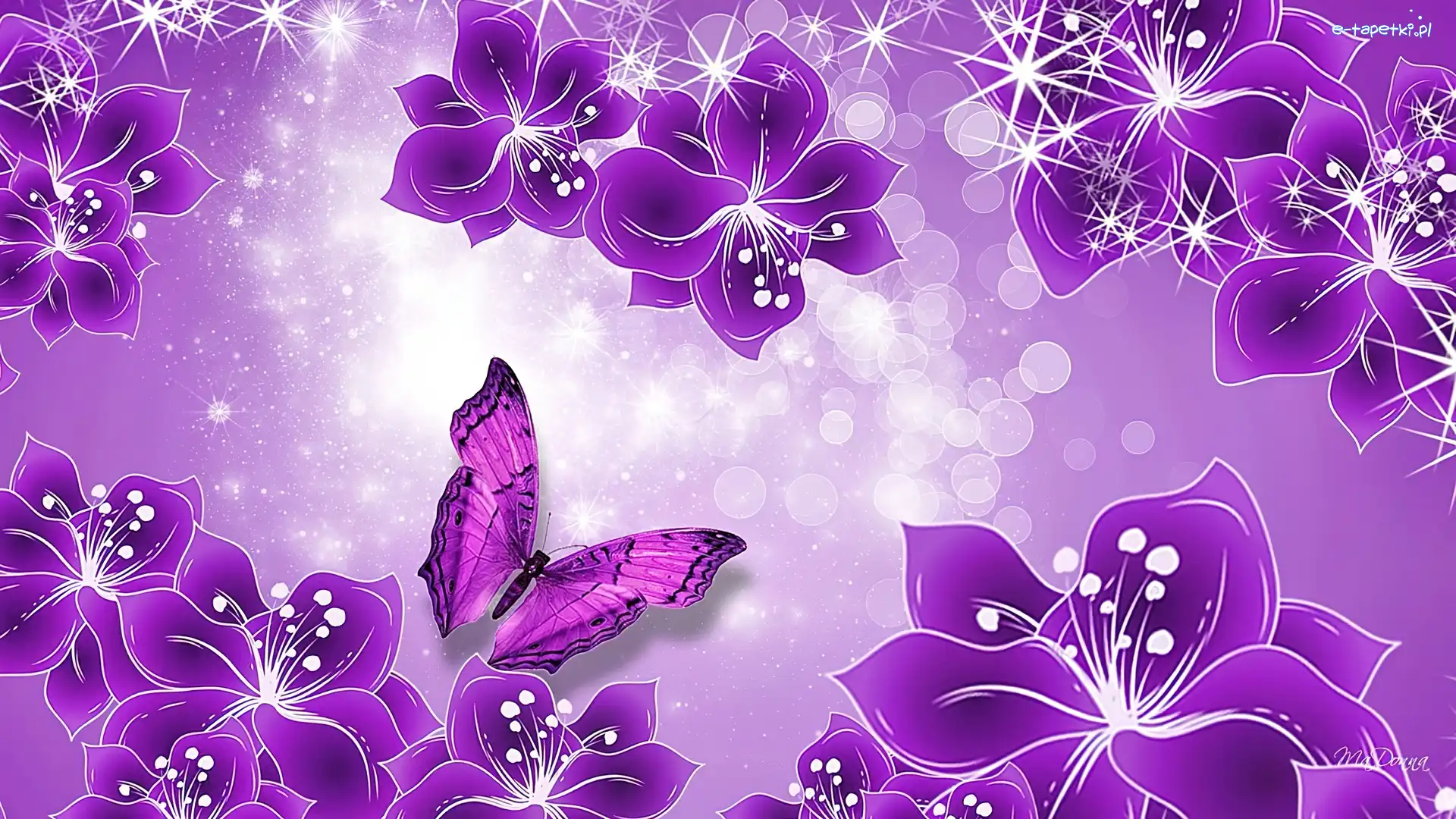 Kwiaty, Art, Motyl, Fioletowe