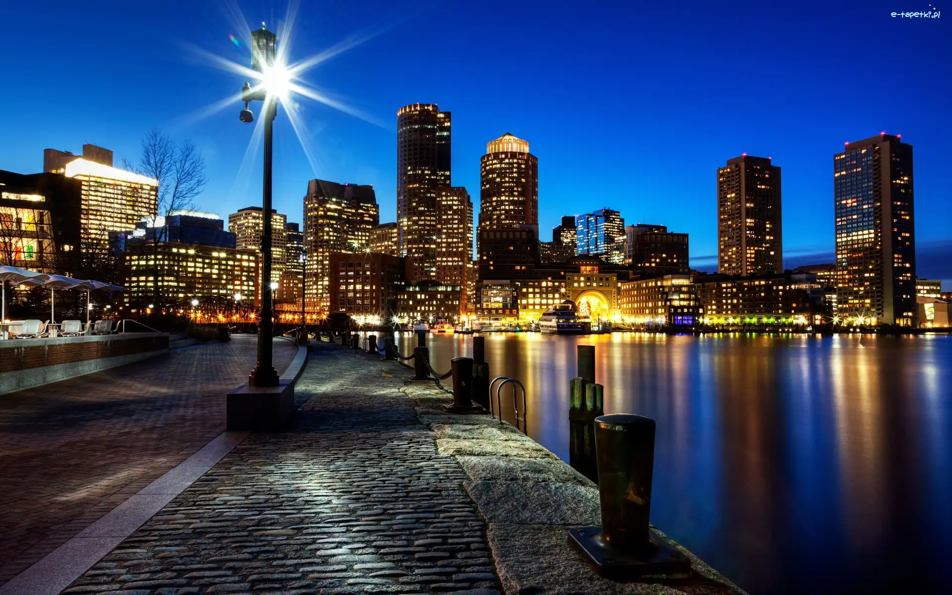 Oświetlone, Miasto, Wieżowce, Stany Zjednoczone, Boston