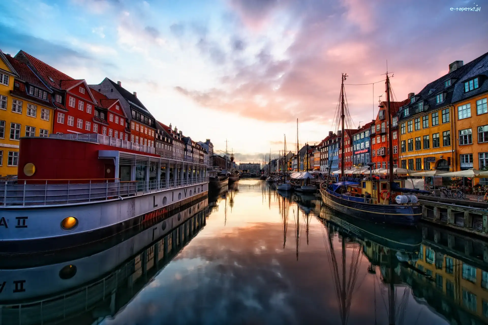 Zachód, Nyhavn, Słońca, Kamieniczki, Statki
