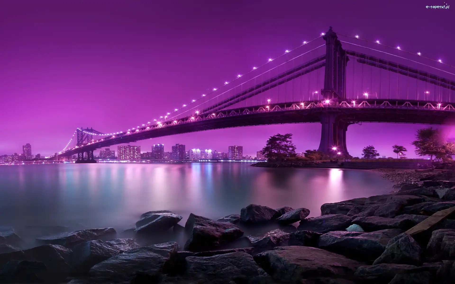 Nowy York, Rzeka, Kamienie, Wiszący, Most, Manhattan, Noc