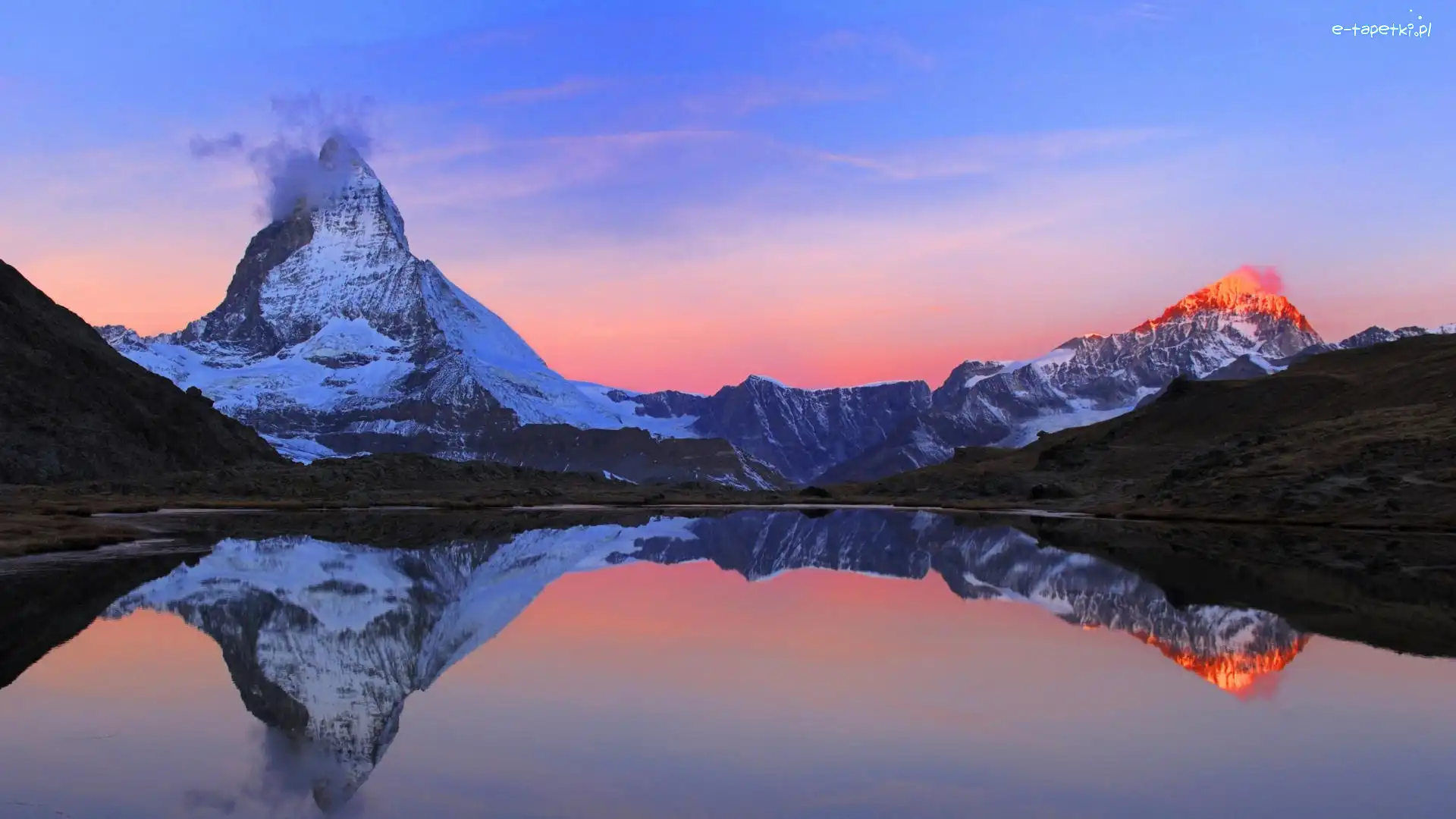 Jezioro, Zachód Słońca, Góry, Szwajcaria, Matterhorn