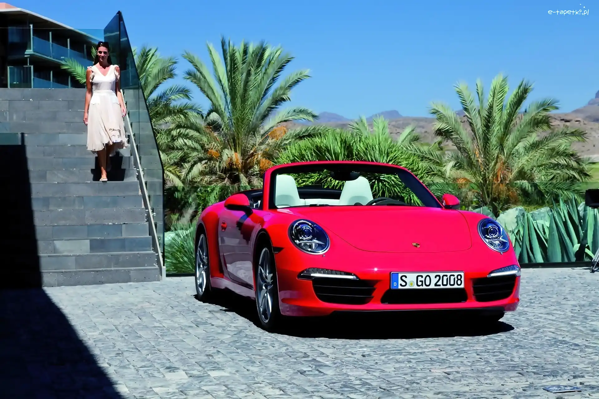 911, Palmy, Porsche, Kabriolet, Kobieta, Budynek