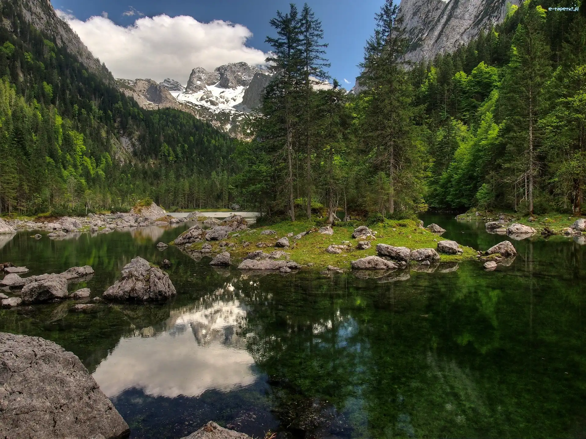 Góry, Drzewa, Jezioro, Kamienie, Wysepka