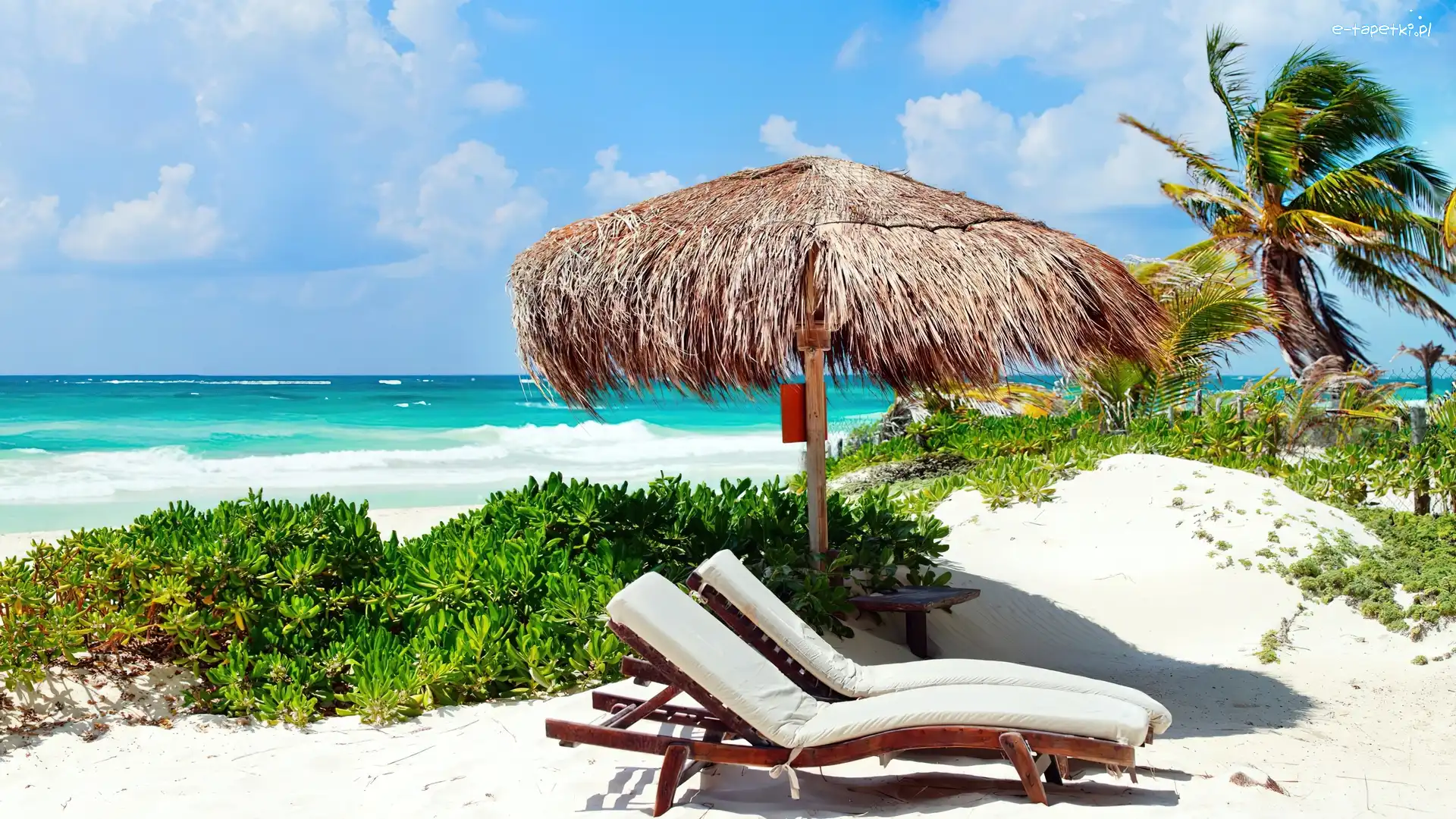 Ocean, Parasol, Plaża, Tropik, Leżaki