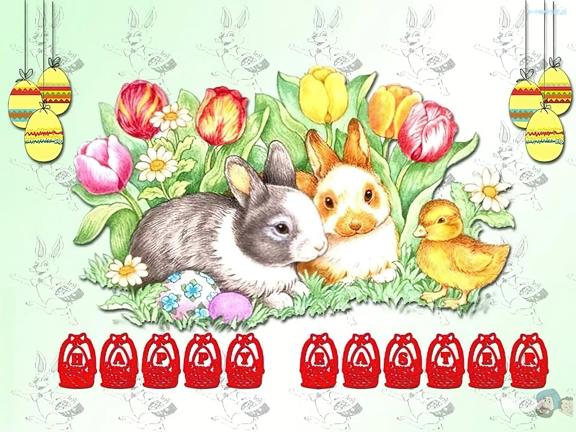 Wielkanoc, kurczaczek, zajączki, Tulipany, jajeczka