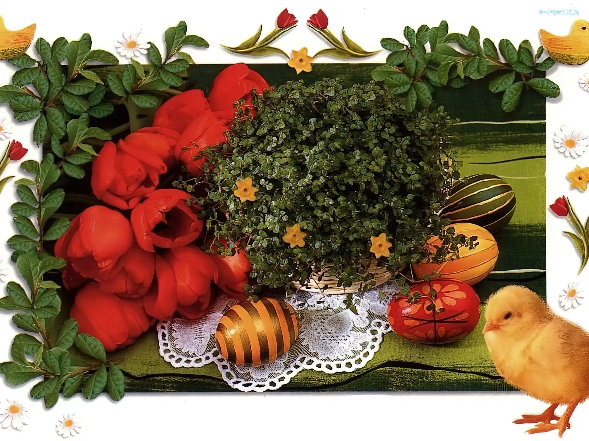Tulipany, kurczaczek, jajeczka, Wielkanoc