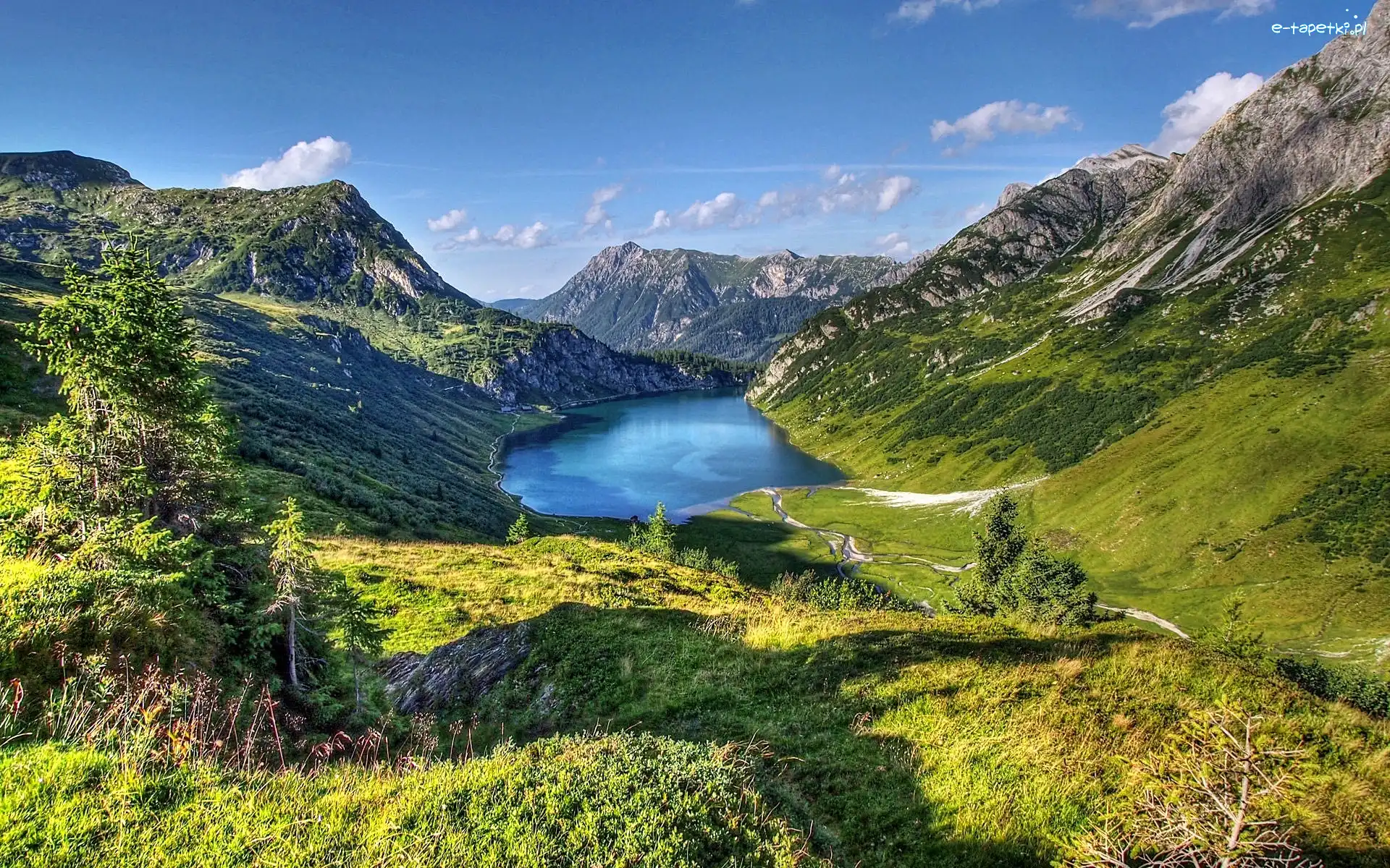 Jezioro, Ścieżka, Polana, Góry