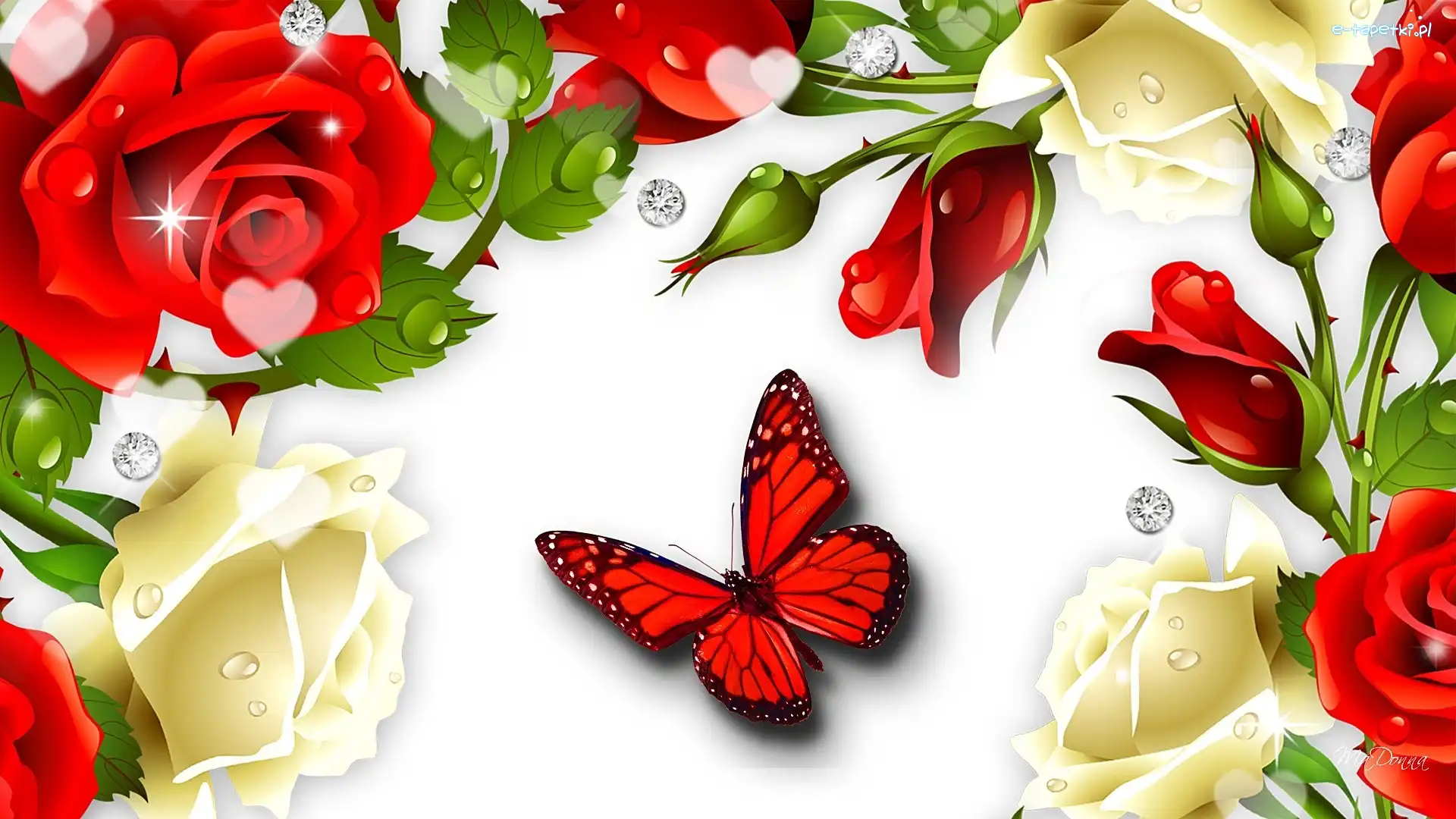 Róże, Art, Motyl, Kwiaty