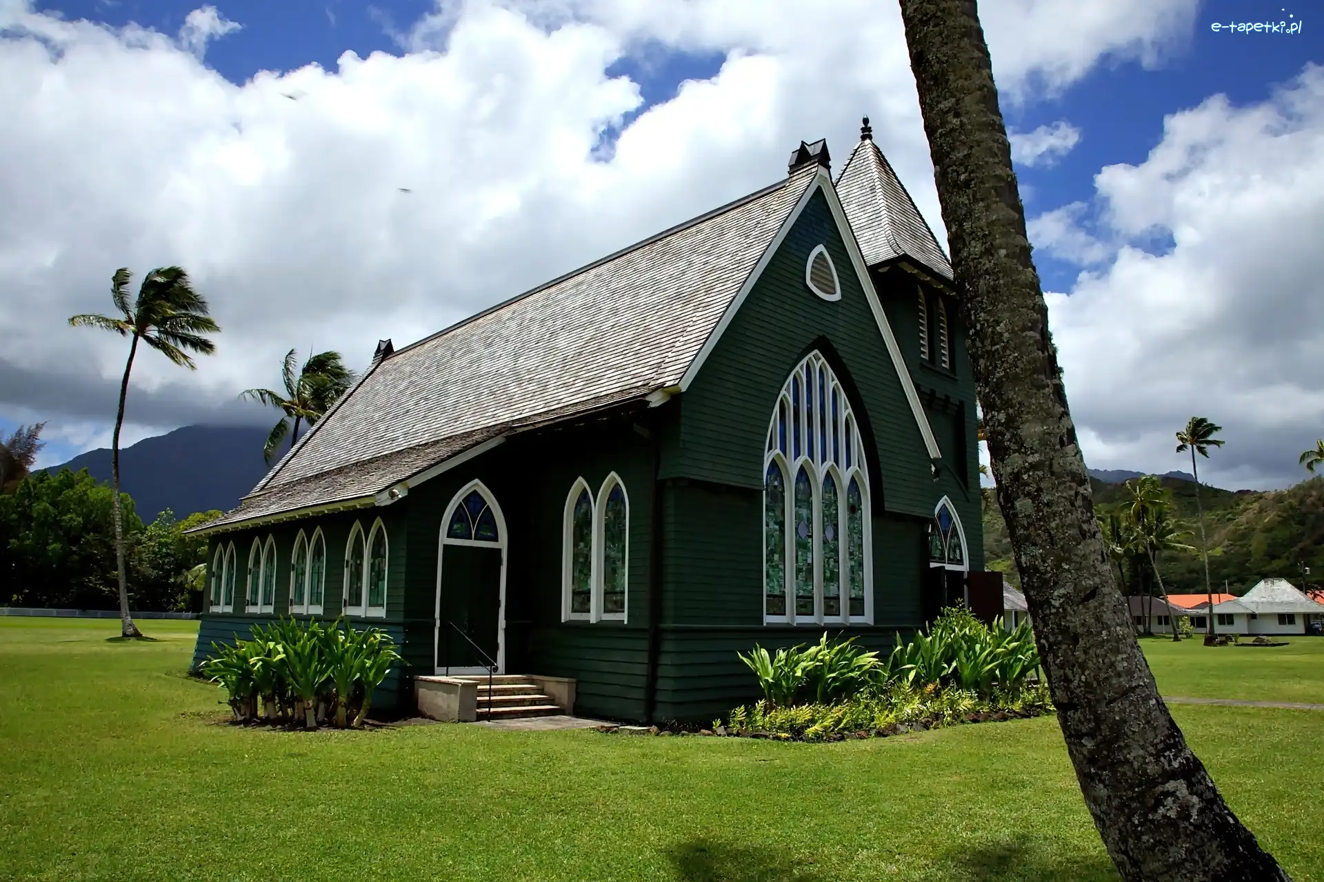 Wyspa, Kościółek, Kauai, Obłoki, Palmy