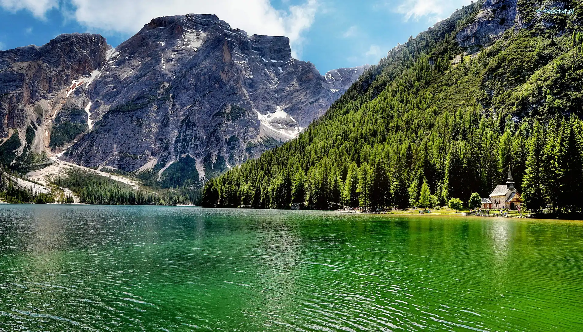 Lago di Carezza, Jezioro, Kościółek, Włochy, Lasy, Góry