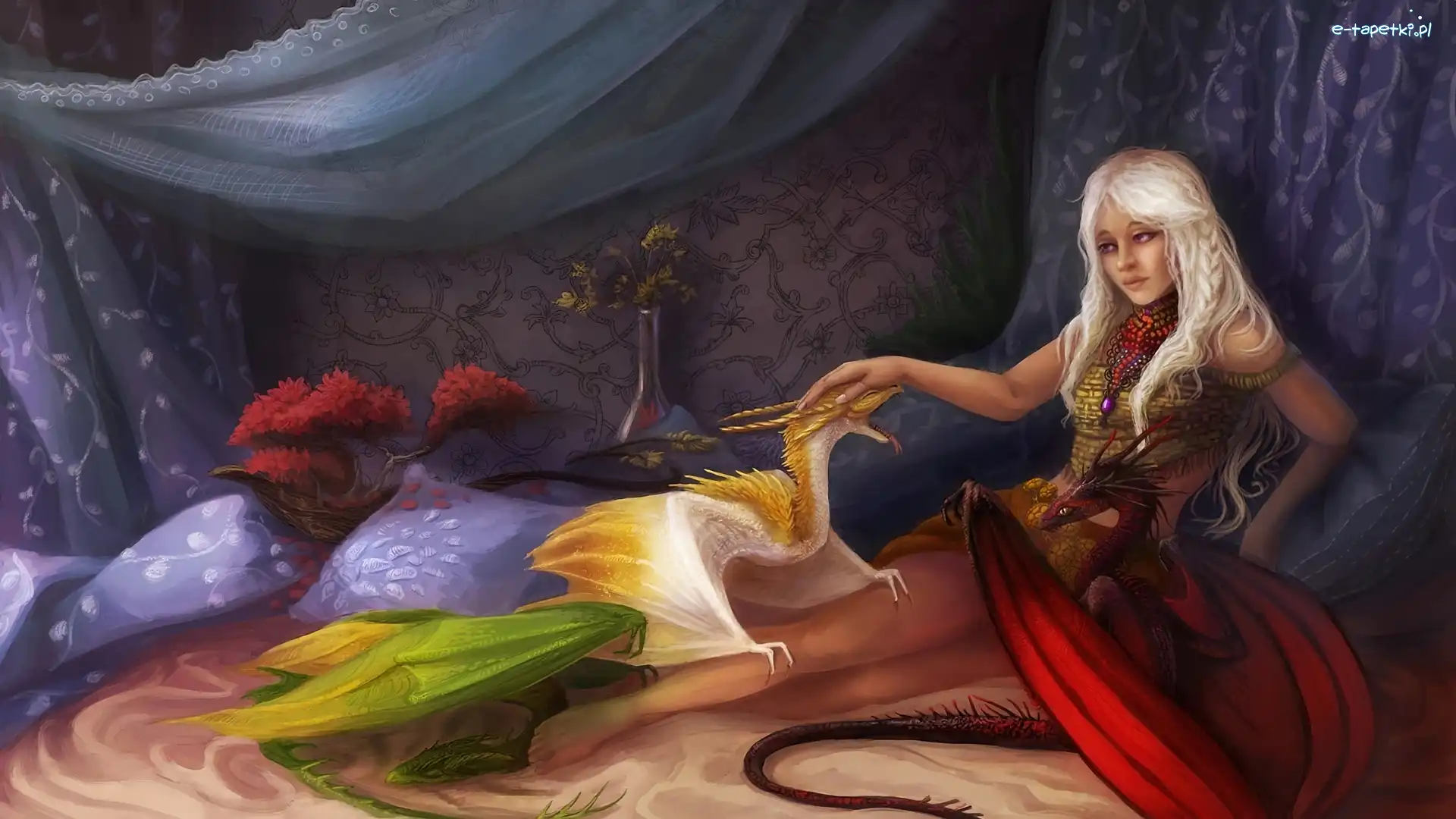 Fantasy, Łóżko, Kobieta, Smoki, Małe